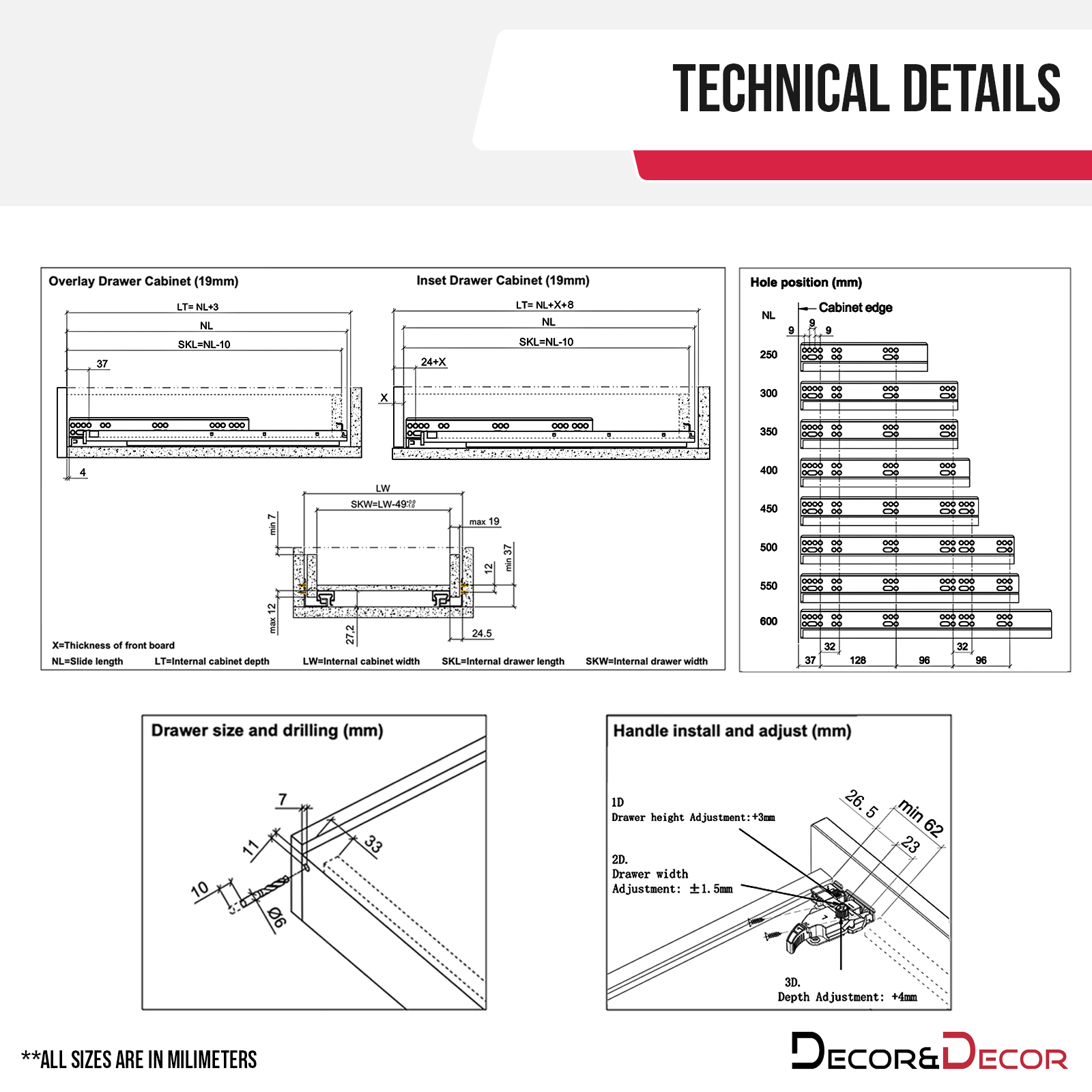 Undermount Drawer Runners 500mm - Push to Open, Full Extension - 490mm Drawer Length