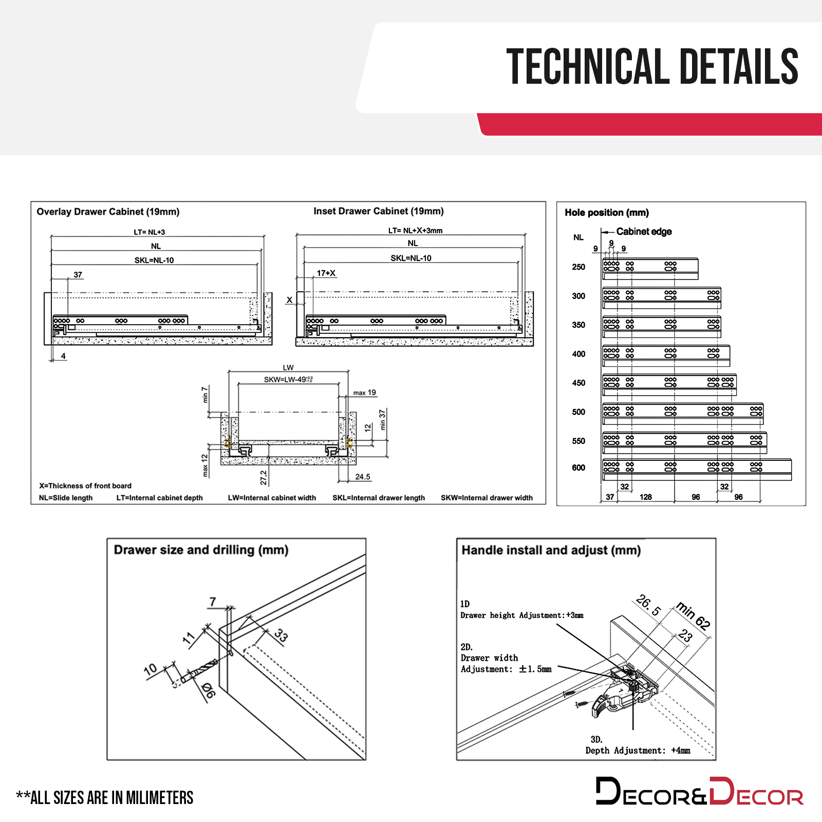 Undermount Drawer Runners 600mm - Soft Close, Full Extension - 590mm Drawer Length
