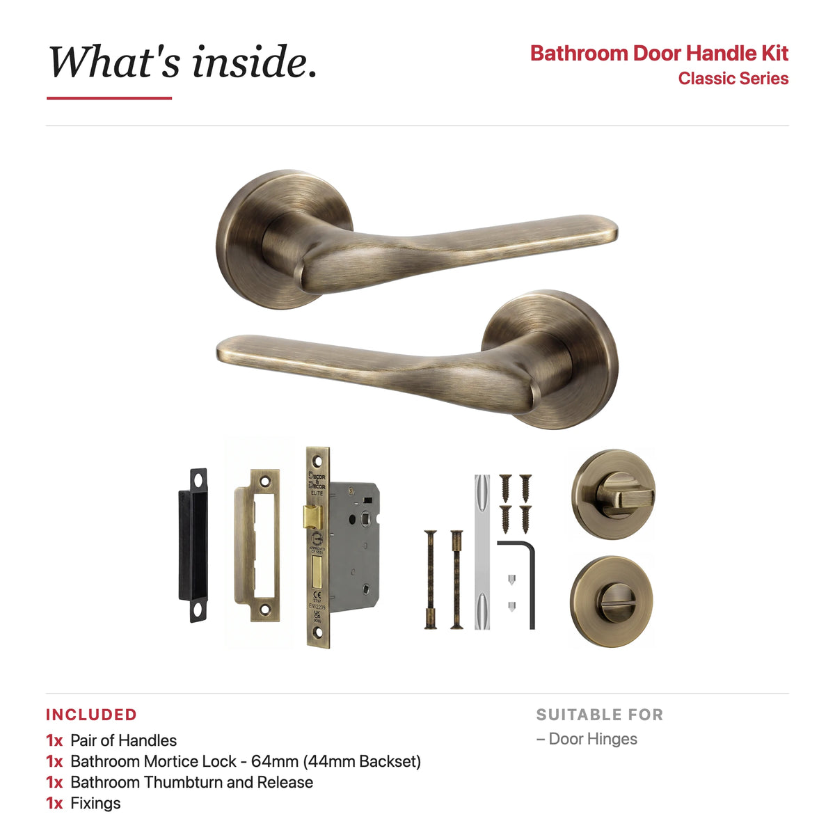 Verita Antique Brass Bathroom Door Handles – showing what's included in the box