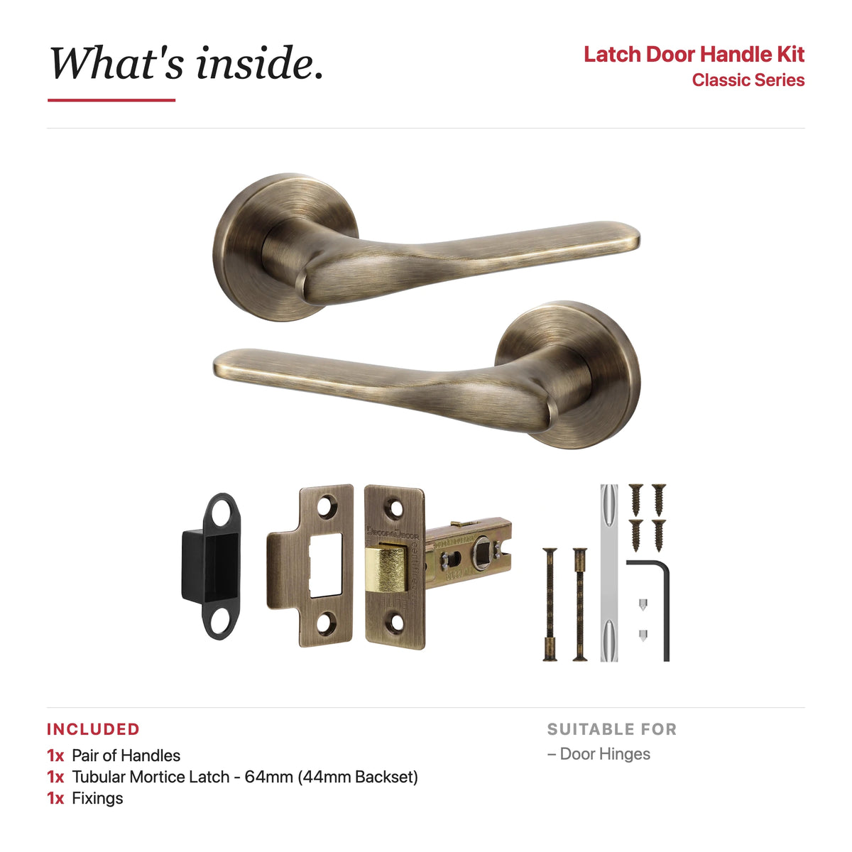 Verita Antique Brass Passage Door Handles – showing what's included in the box