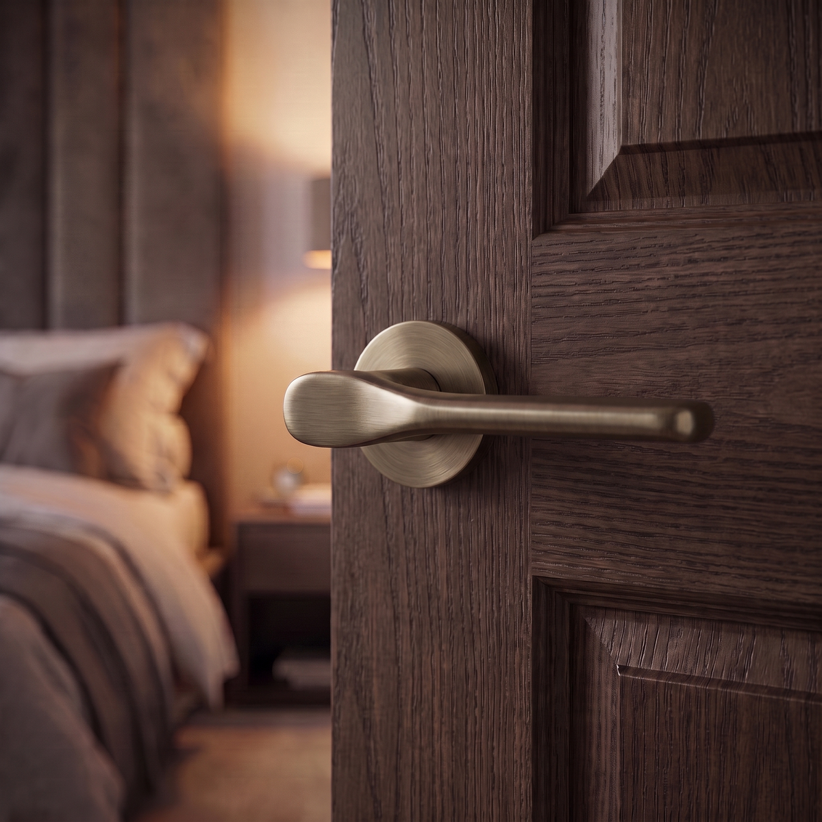 Verita Antique Brass Passage Door Lever Handles – fitted on an interior door in a styled room setting 3