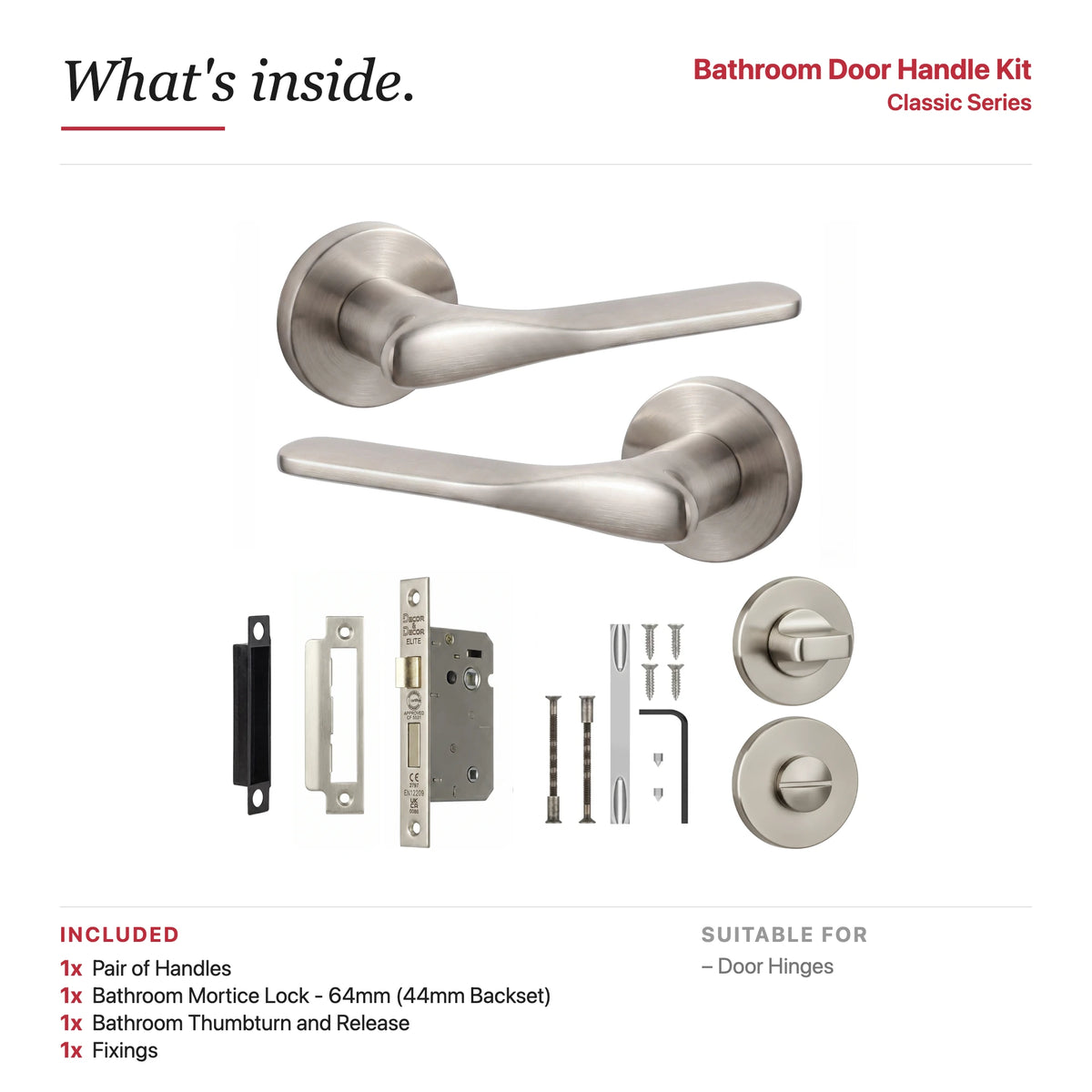 Verita Satin Nickel Bathroom Door Handles – showing what's included in the box