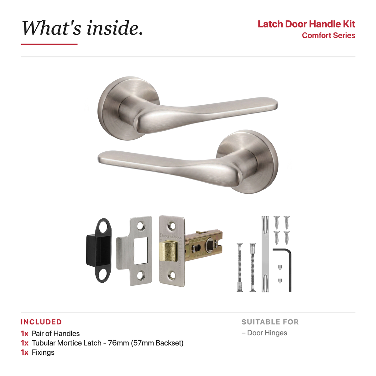 Verita Satin Nickel Passage Door Lever Handles – showing what's included in the box