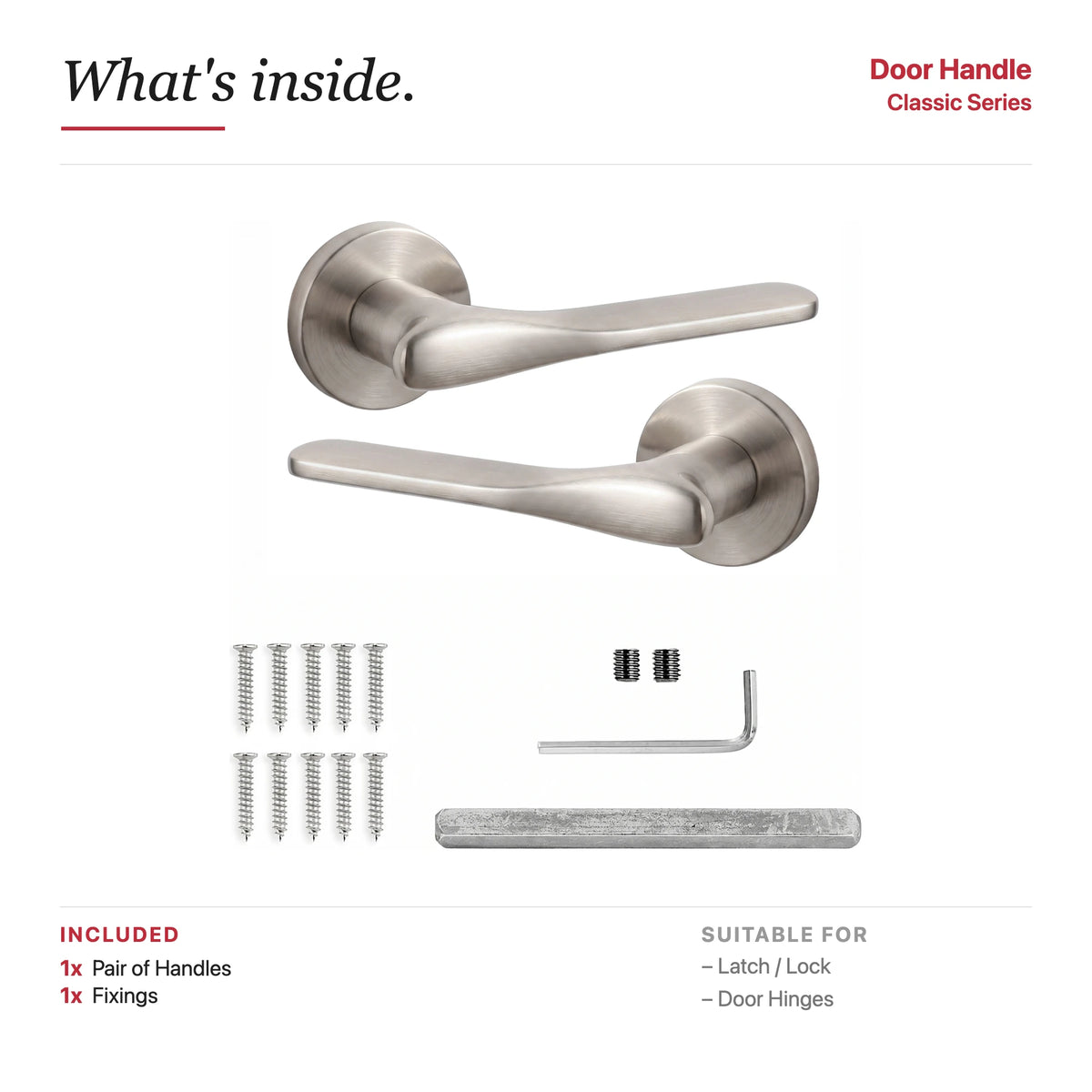 Verita Internal Door Handles - Brushed Satin Nickel – showing what's included in the box