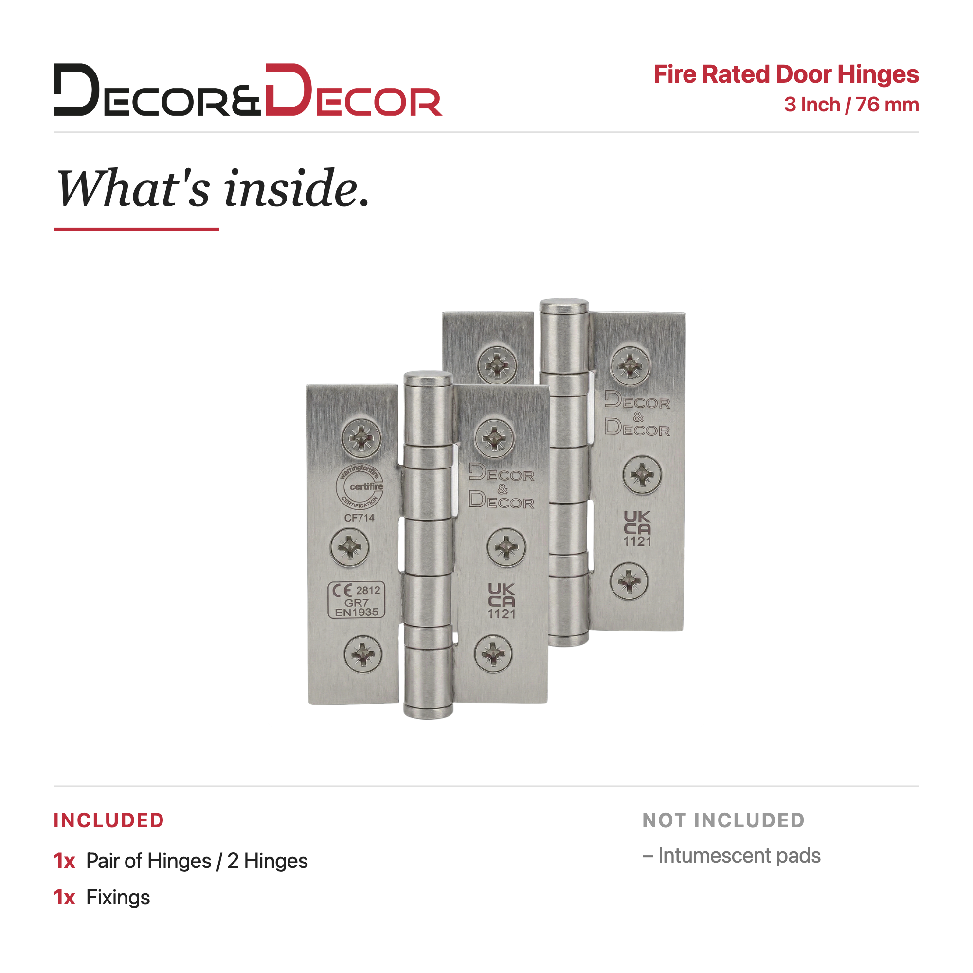 Ball Bearing Fire Rated Door Hinges - 76mm - Pair - Satin Nickel