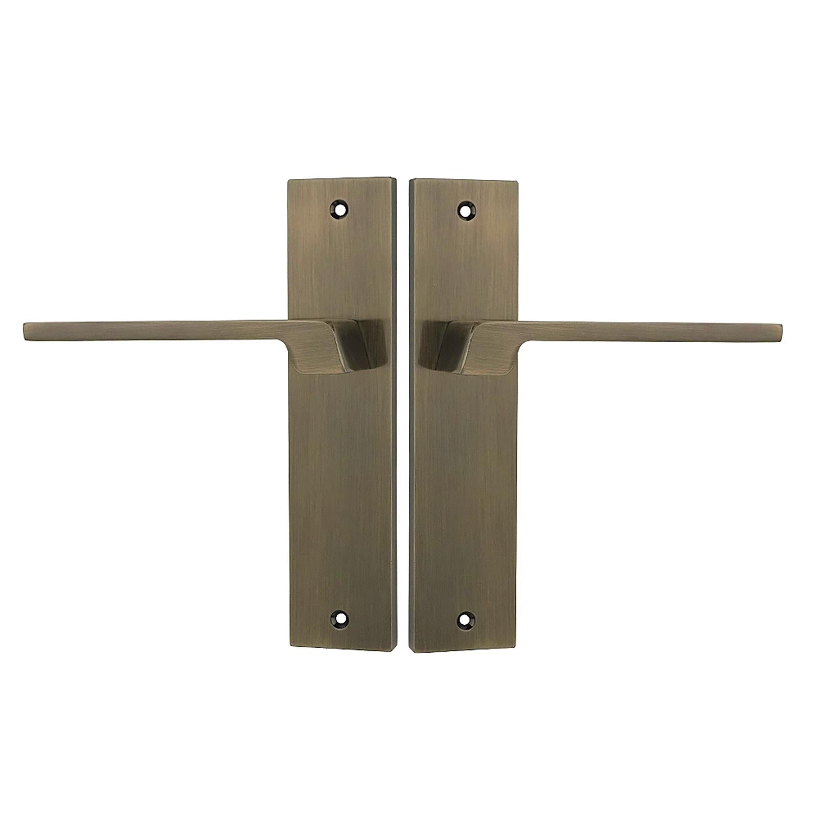 Spectra Antique Brass Passage Door Handles on Backplate - Latch and Hinge Set