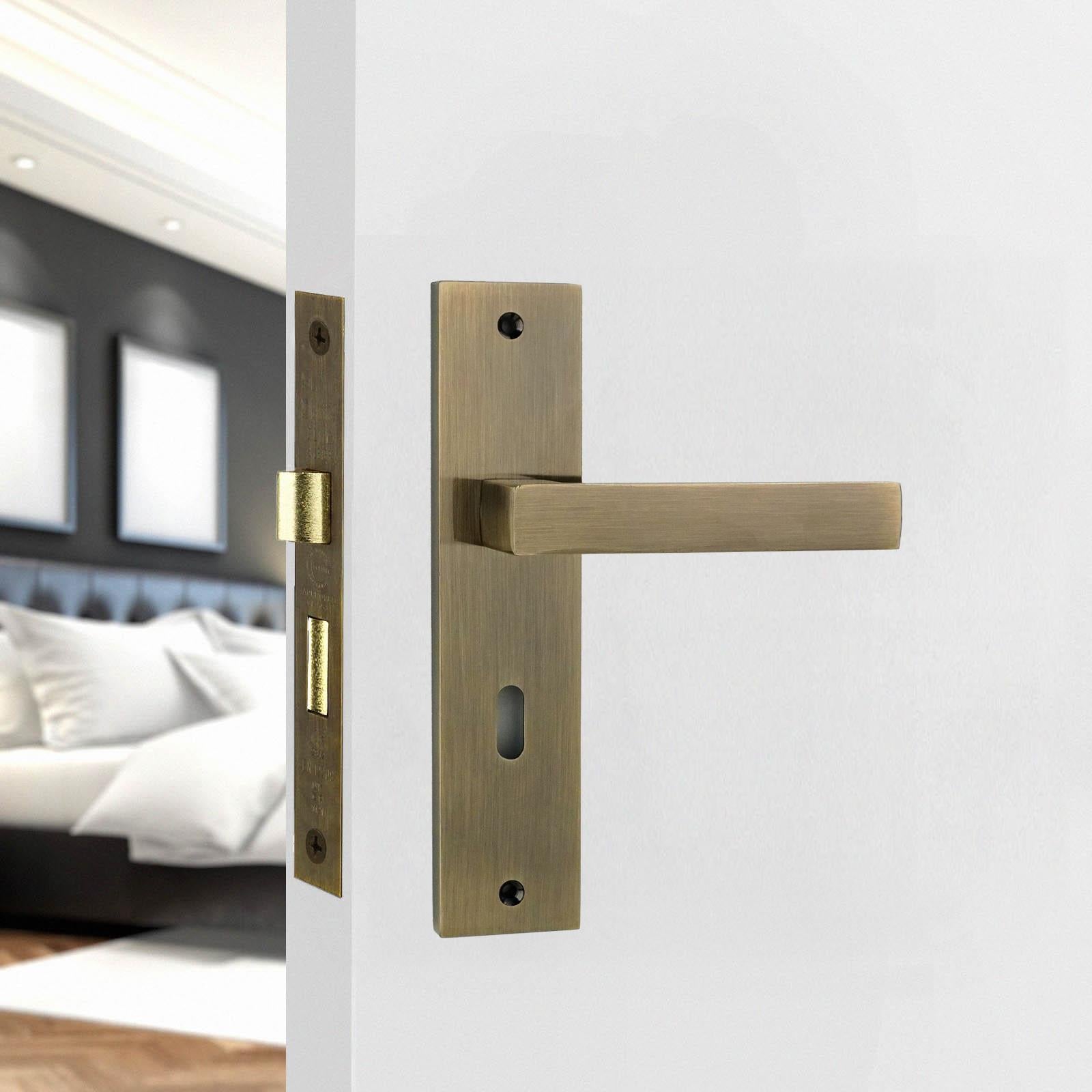 Lumina Antique Brass Privacy Door Handles on Backplate with Keys - Sash Lock Kit Set