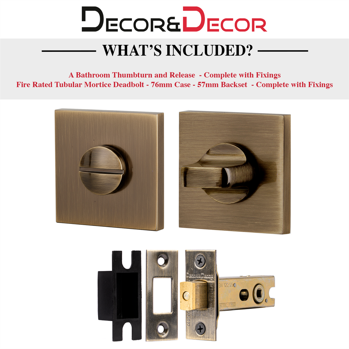 Fire Rated Tubular Mortice Deadbolt and Square Bathroom Turn And Release Thumbturn - Antique Brass – view 4