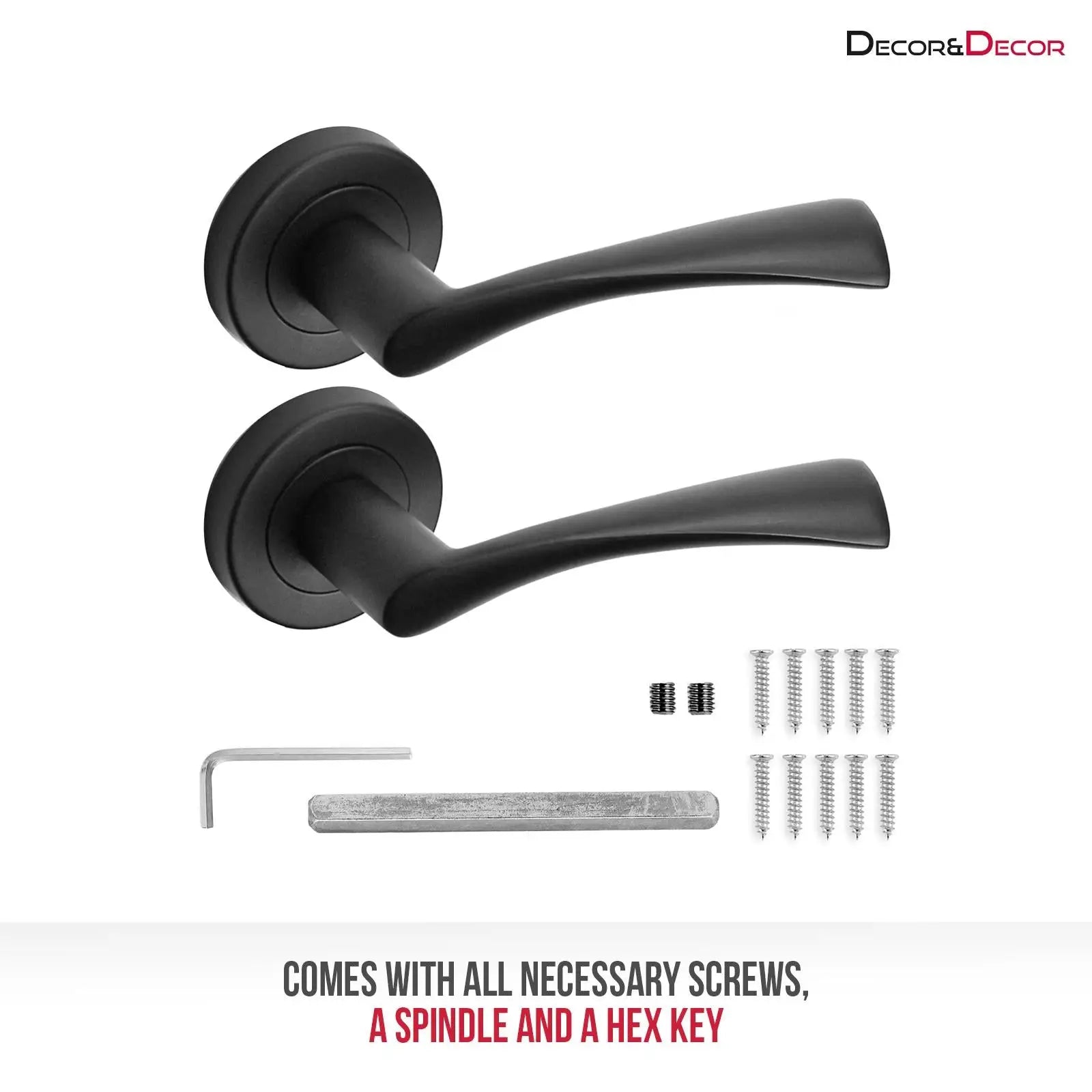 Two Apex Matt Black Door Lever Handles with mounting hardware for latches and hinges