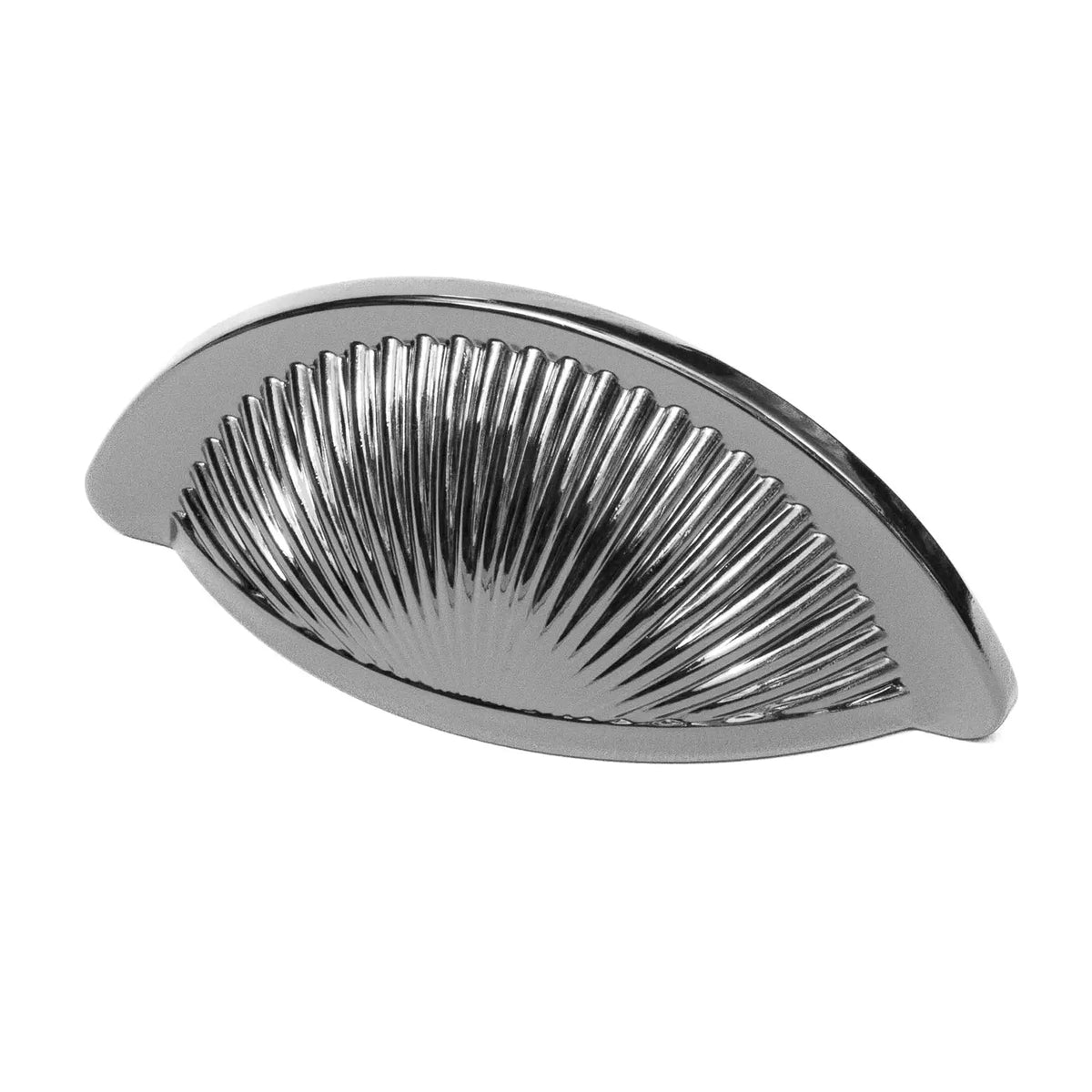 Silver ribbed semi-circular drawer pull on Arro Kitchen Cabinet Cup Handle Polished Nickel Black