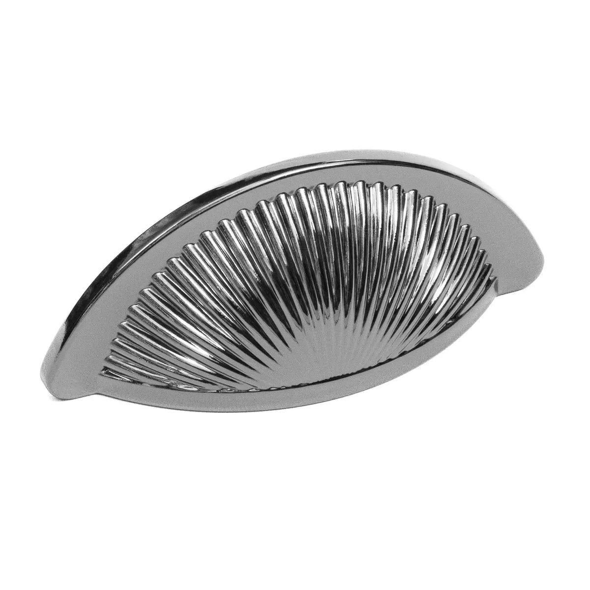 Shiny silver fluted drawer pull on Arro Kitchen Cabinet Cup Handle in Polished Nickel Black
