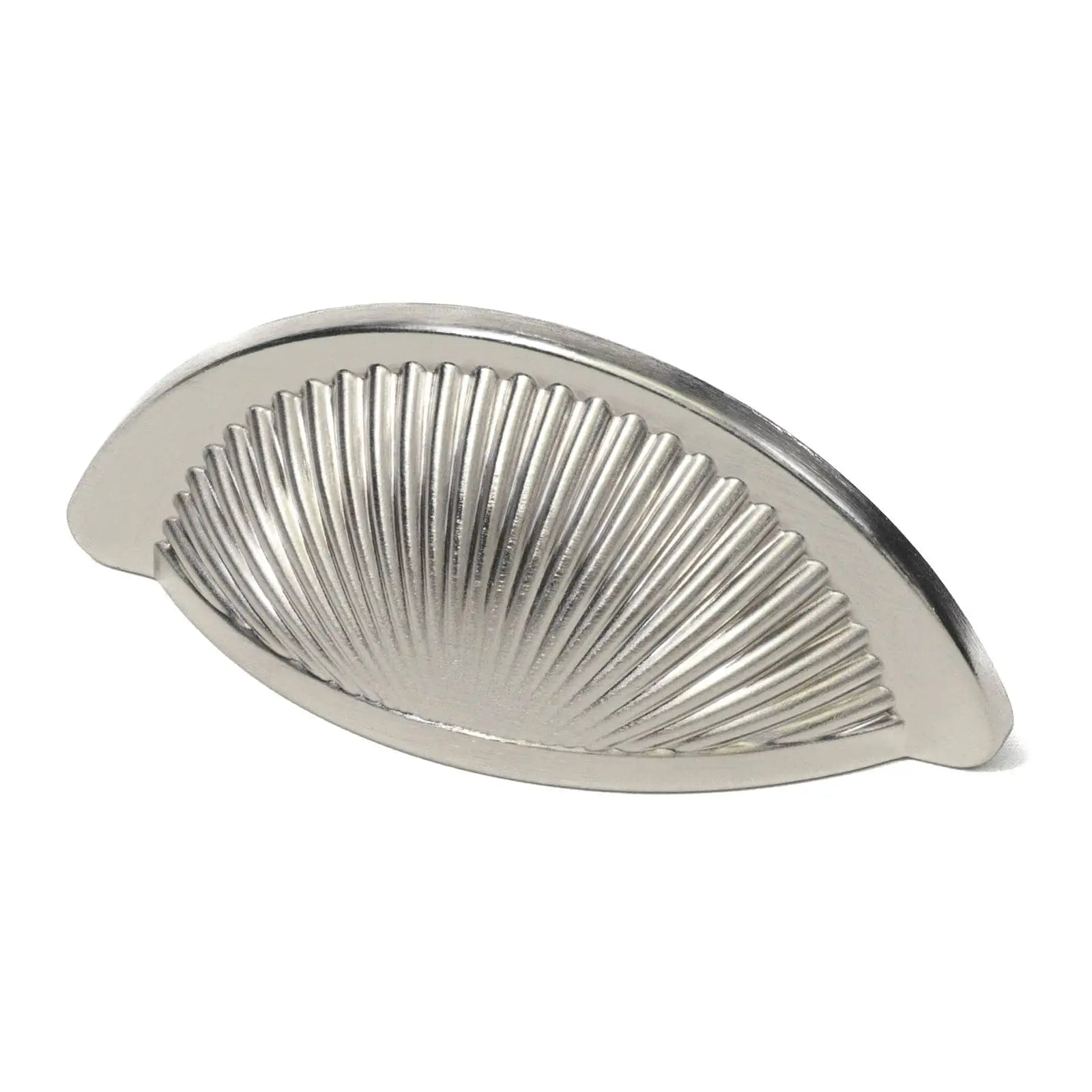 Silver ridged semi-circular drawer pull on Arro Kitchen Cabinet Cup Handle Satin Nickel