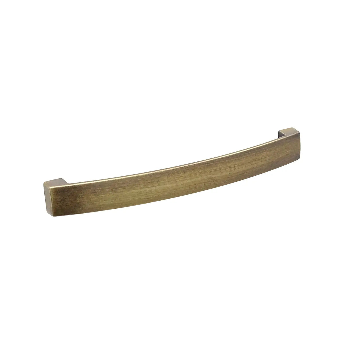 Curved bronze drawer pull on Asteria Bow Kitchen Cupboard Handle in Antique Brass
