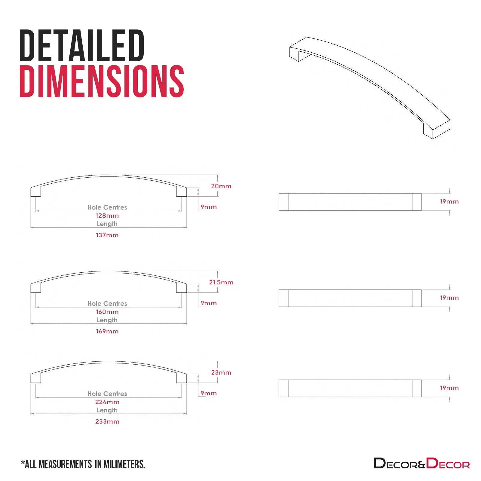 Detailed dimensions of Asteria Bow Kitchen Cupboard Handle in Satin Nickel