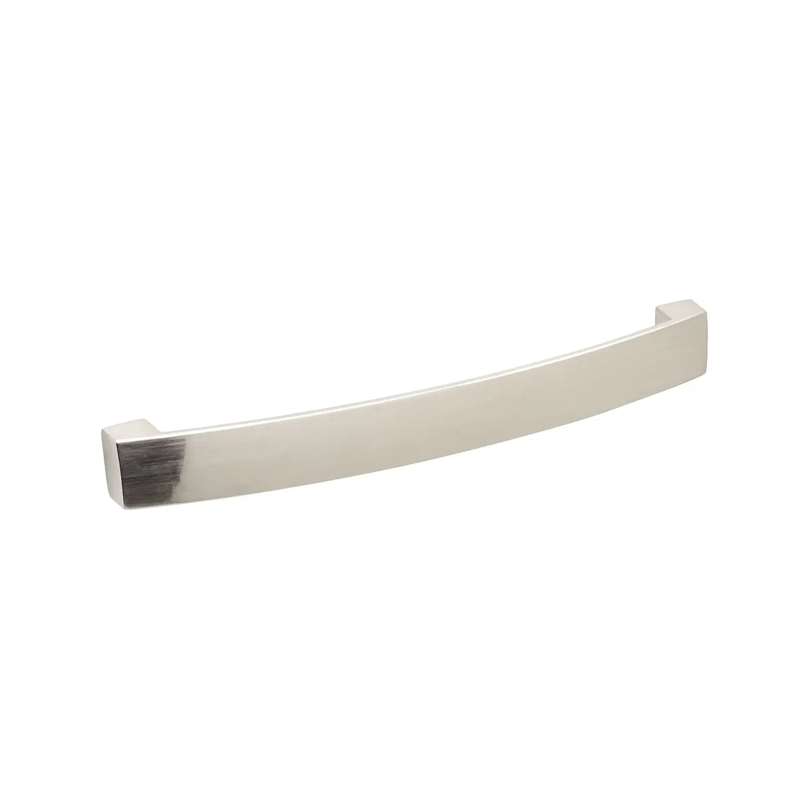Curved brushed metal drawer pull for Asteria Bow Kitchen Cupboard Handle in Satin Nickel