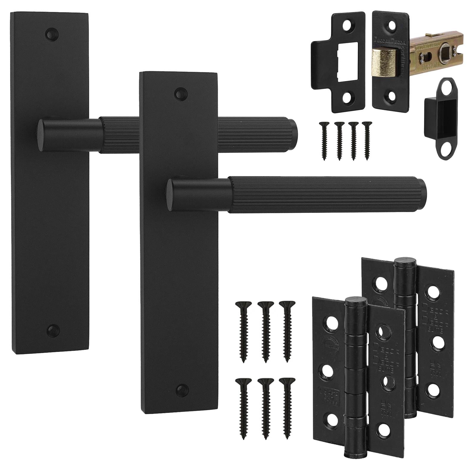 Hera Matt Black Passage Door Handles on Backplate - Latch and Hinge Set