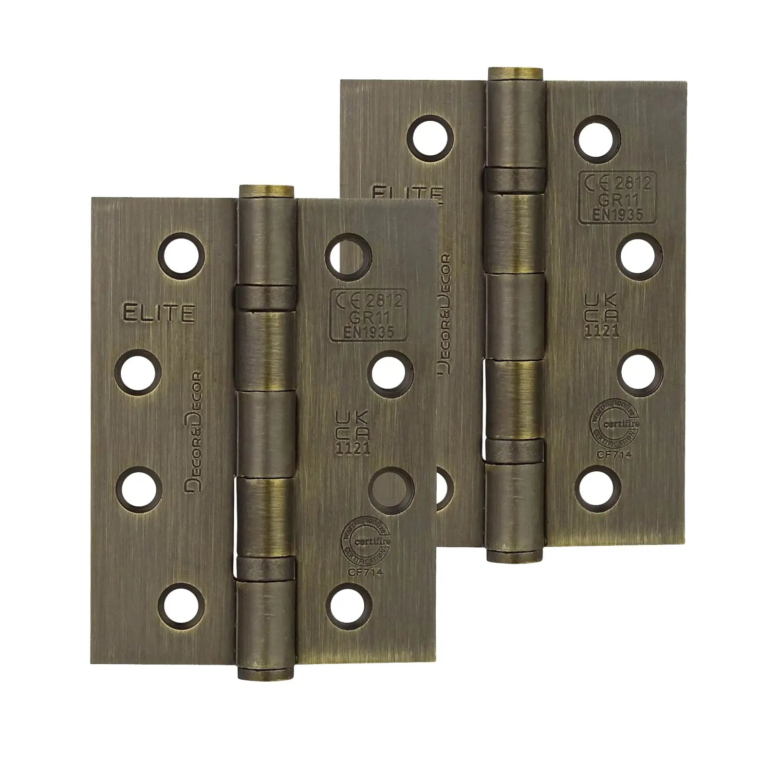 Two bronze ball bearing fire rated door hinges in antique brass, 102mm pair