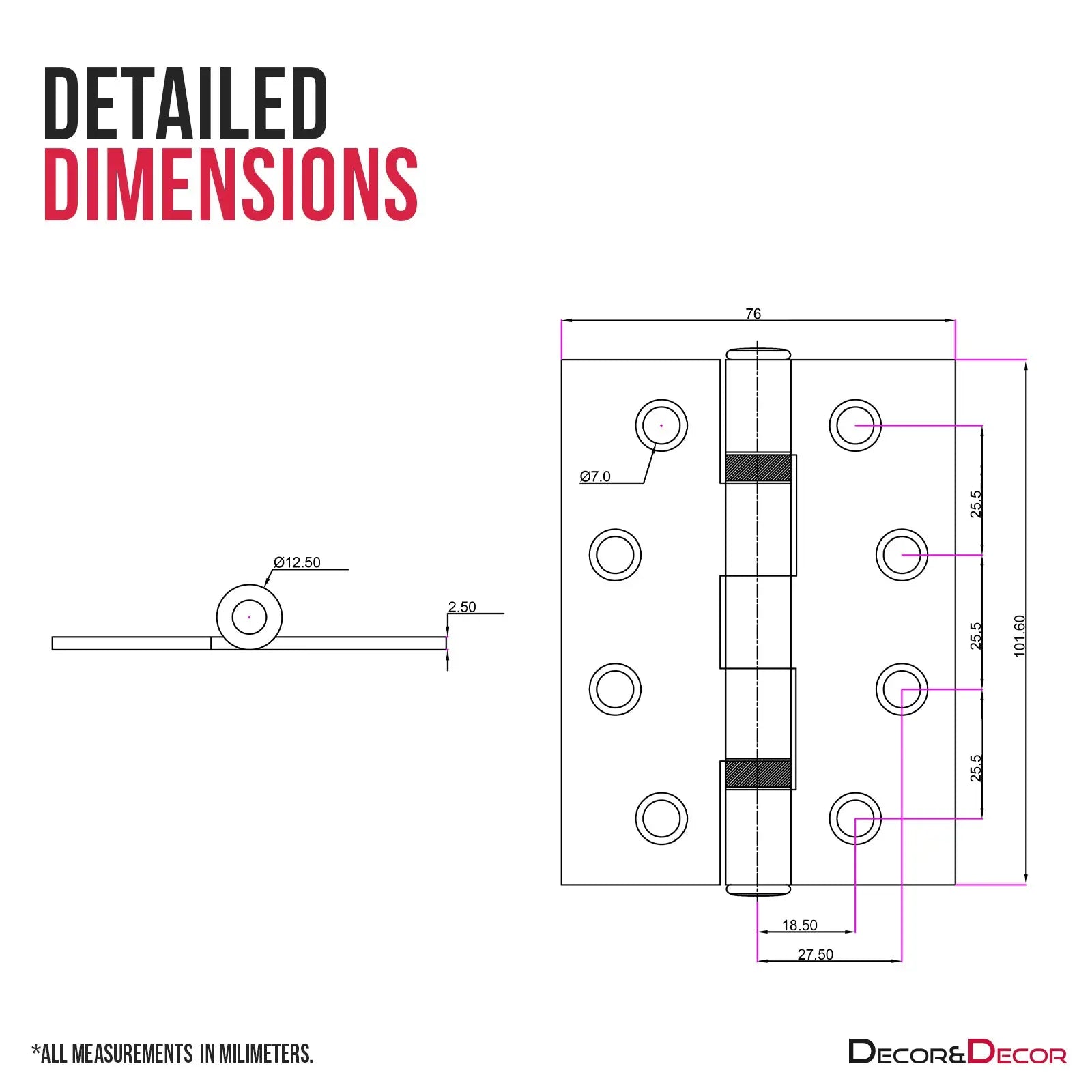 Hinge dimensions diagram for Ball Bearing Fire Rated Door Hinges in Matt Black