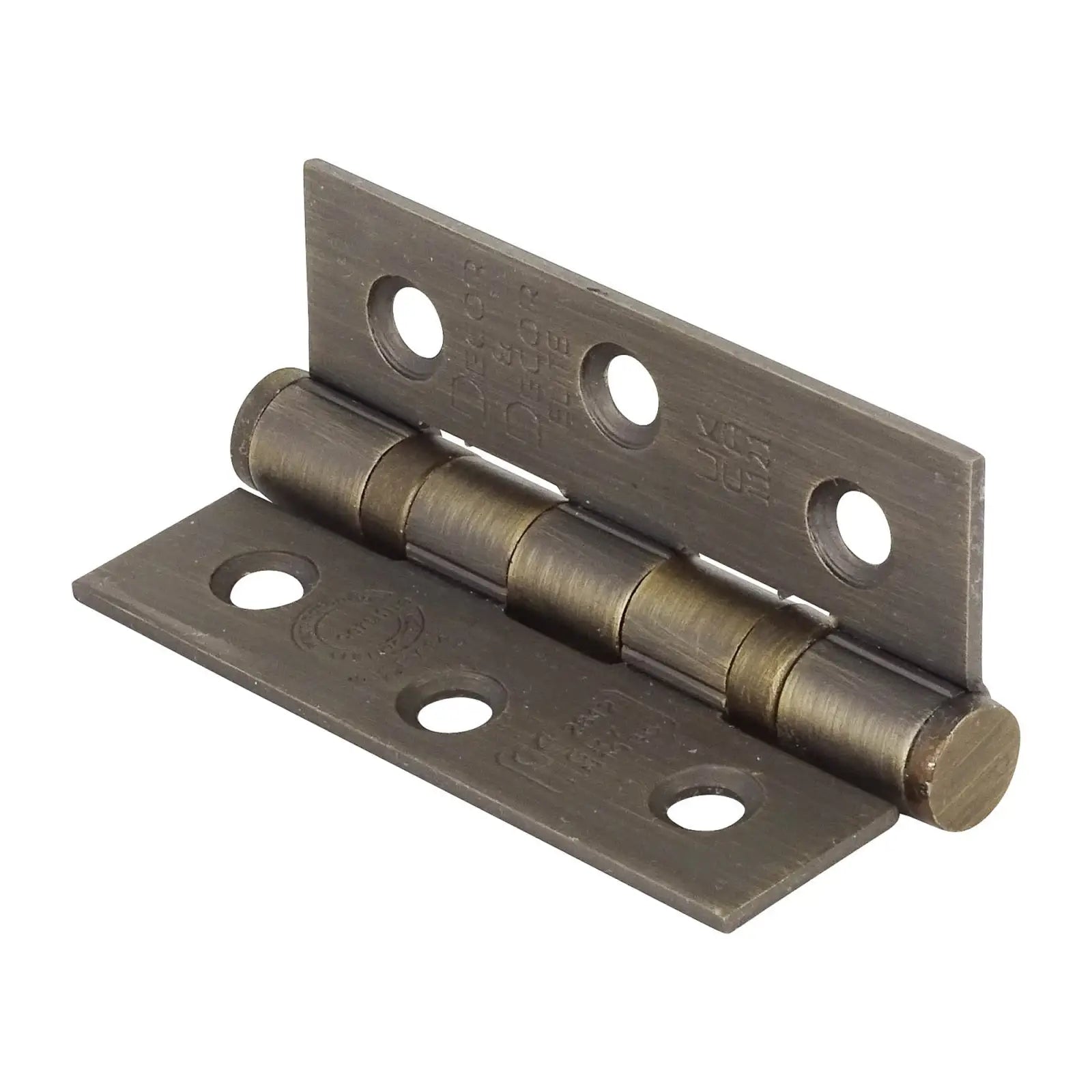 Ball Bearing Fire Rated Door Hinges in Antique Brass finish shown on a metal door hinge
