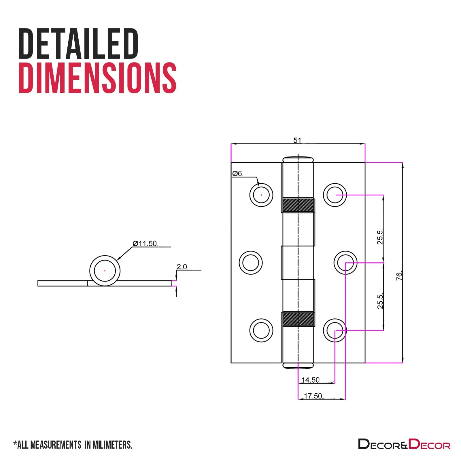 Hinge dimensions diagram for Ball Bearing Fire Rated Door Hinges in Antique Brass