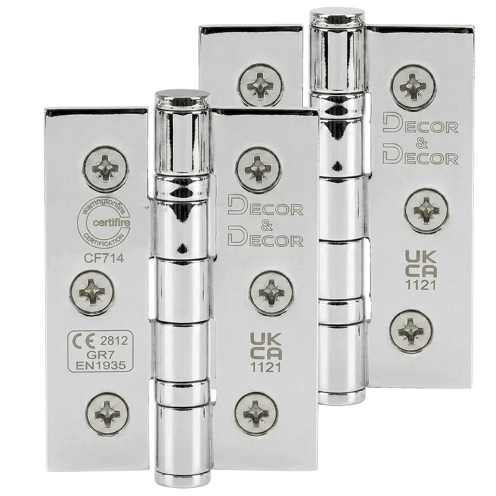Decor & Decor chrome fire rated door hinges with packaging on a white background