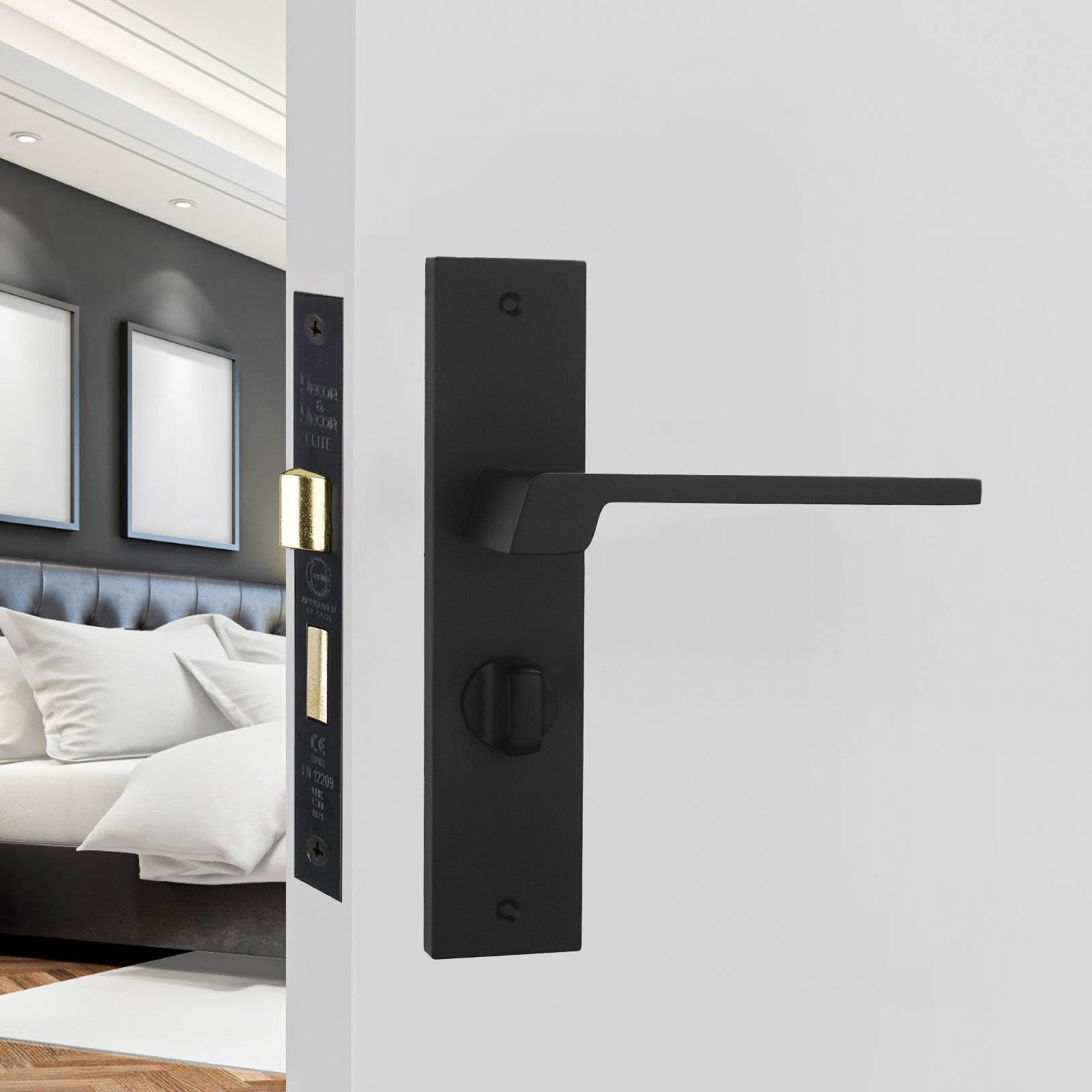 Spectra Matt Black Bathroom Door Handles on Backplate - Bathroom Kit