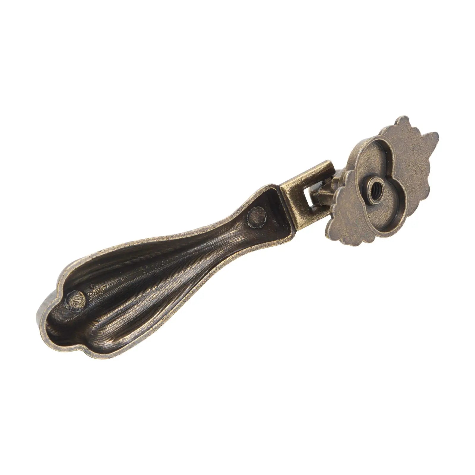Ornate bronze drawer pull on Dixie Vintage Tear Drop Cabinet Pull Knob in Antique Brass