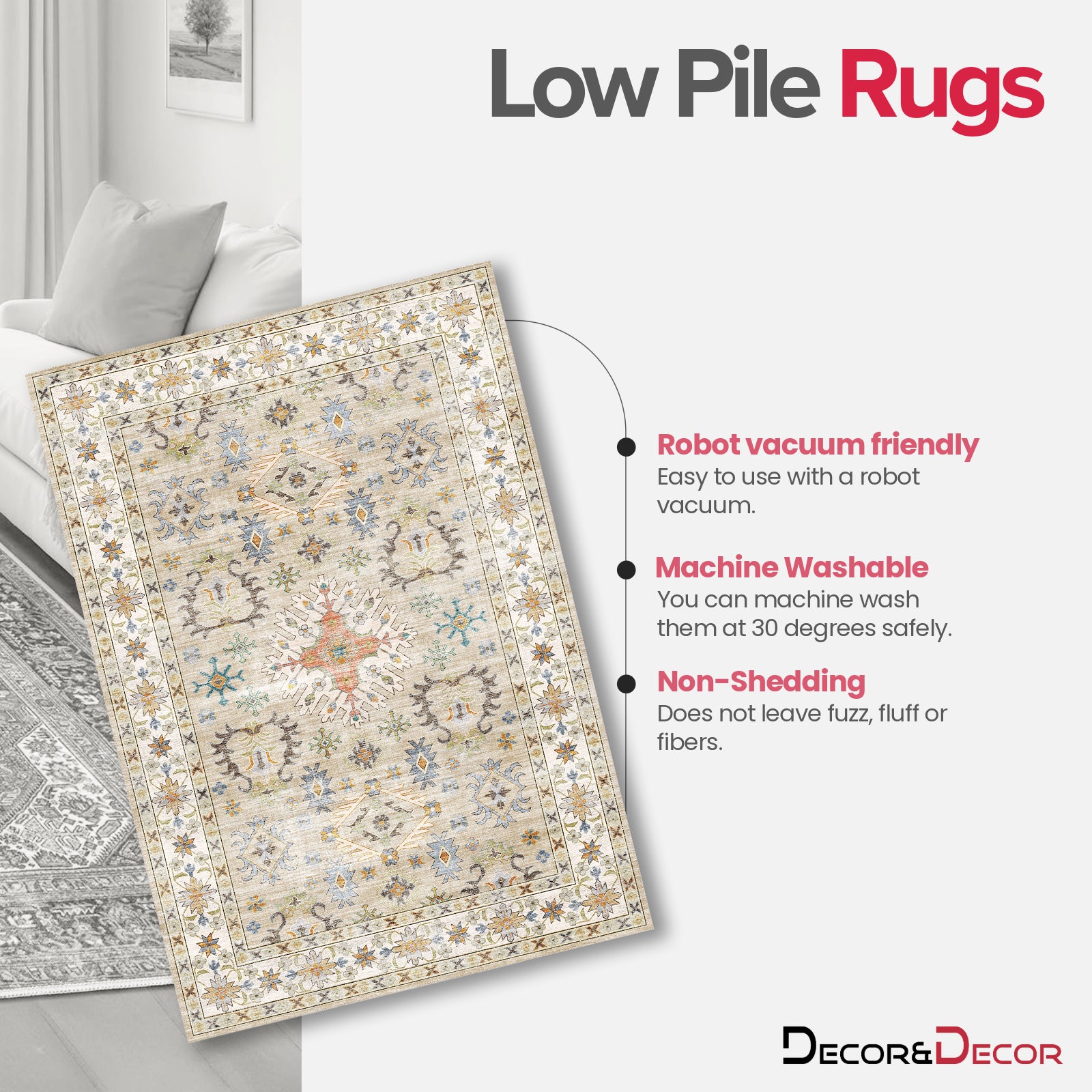 Tessia - Vintage Washable Large Living Room Rug - 160x230cm