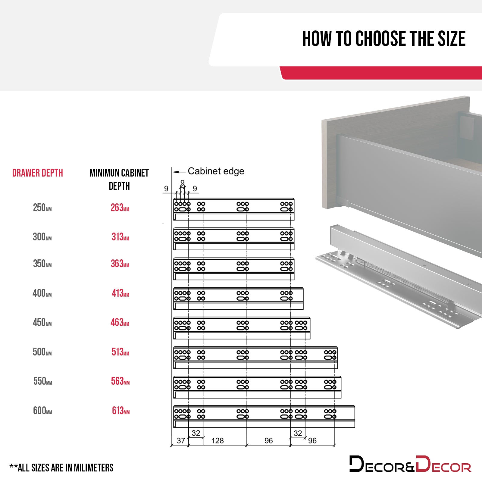 Soft Close Undermount Drawer Runners - Full Extension - 35 kg Capacity - 250mm Length