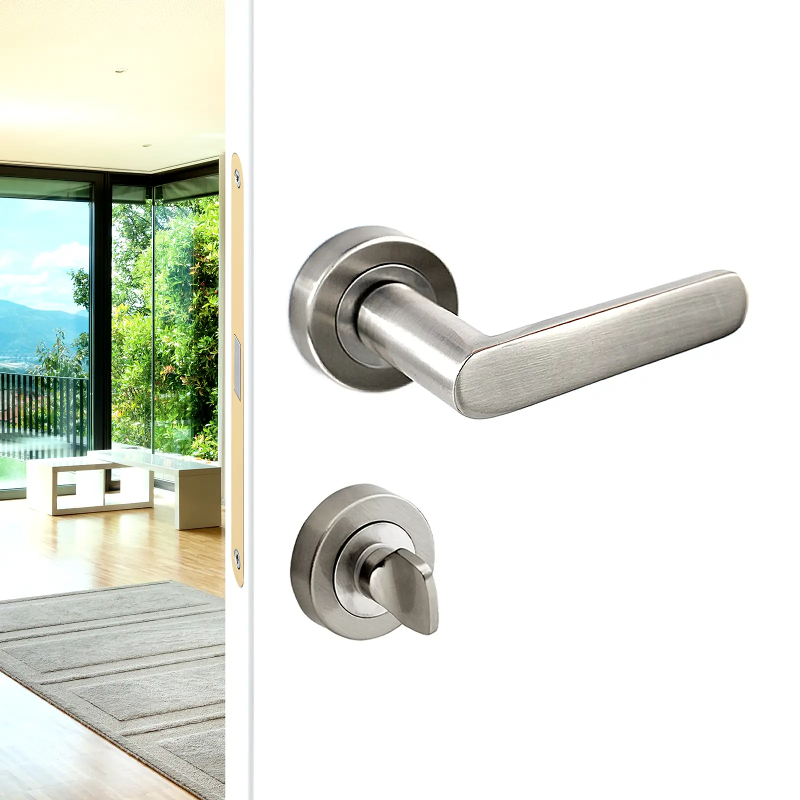 Echo Satin Nickel Bathroom Door Lever Handles - Bathroom Kit Set - Decor And Decor