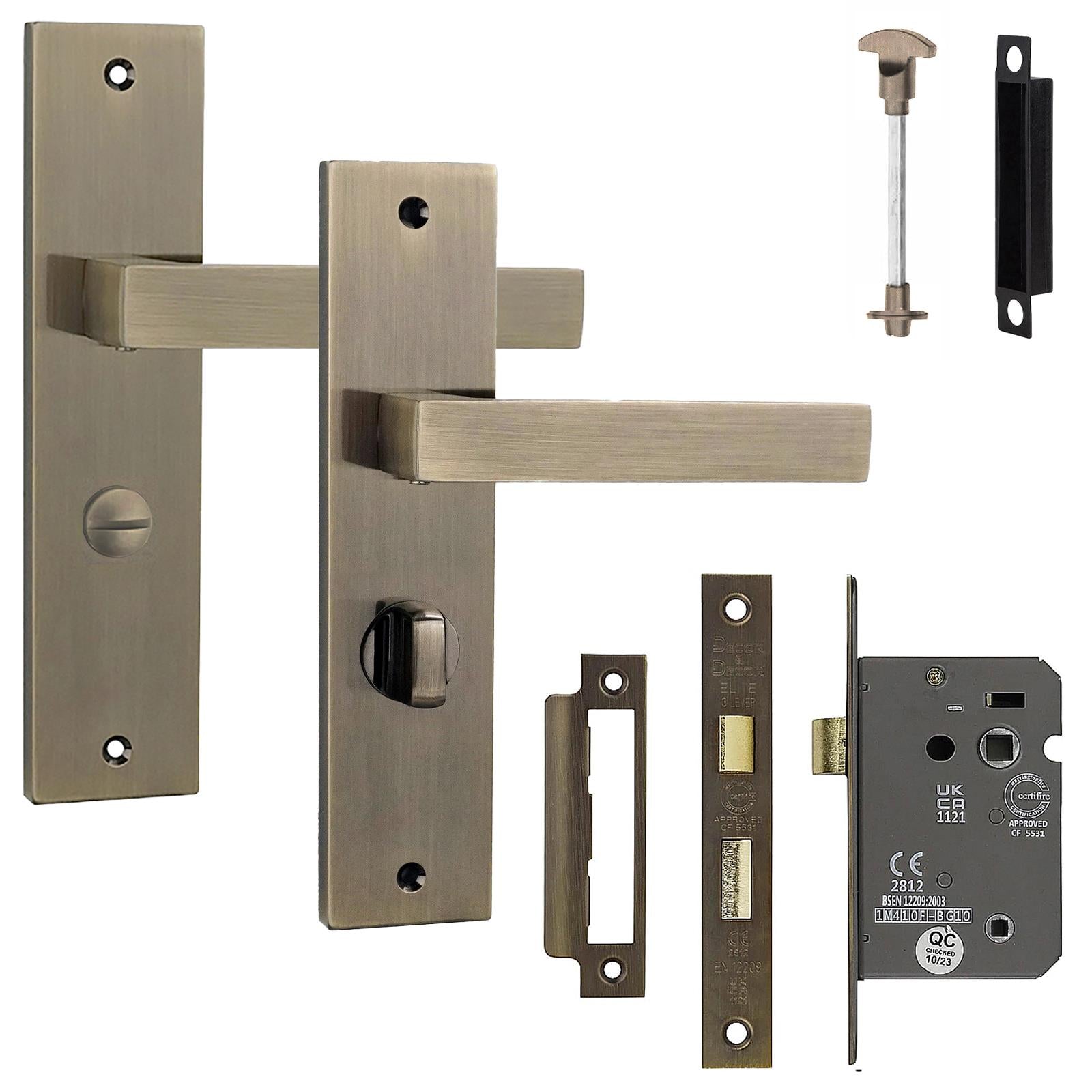 Lumina Antique Brass Bathroom Door Handles on Backplate - Bathroom Kit