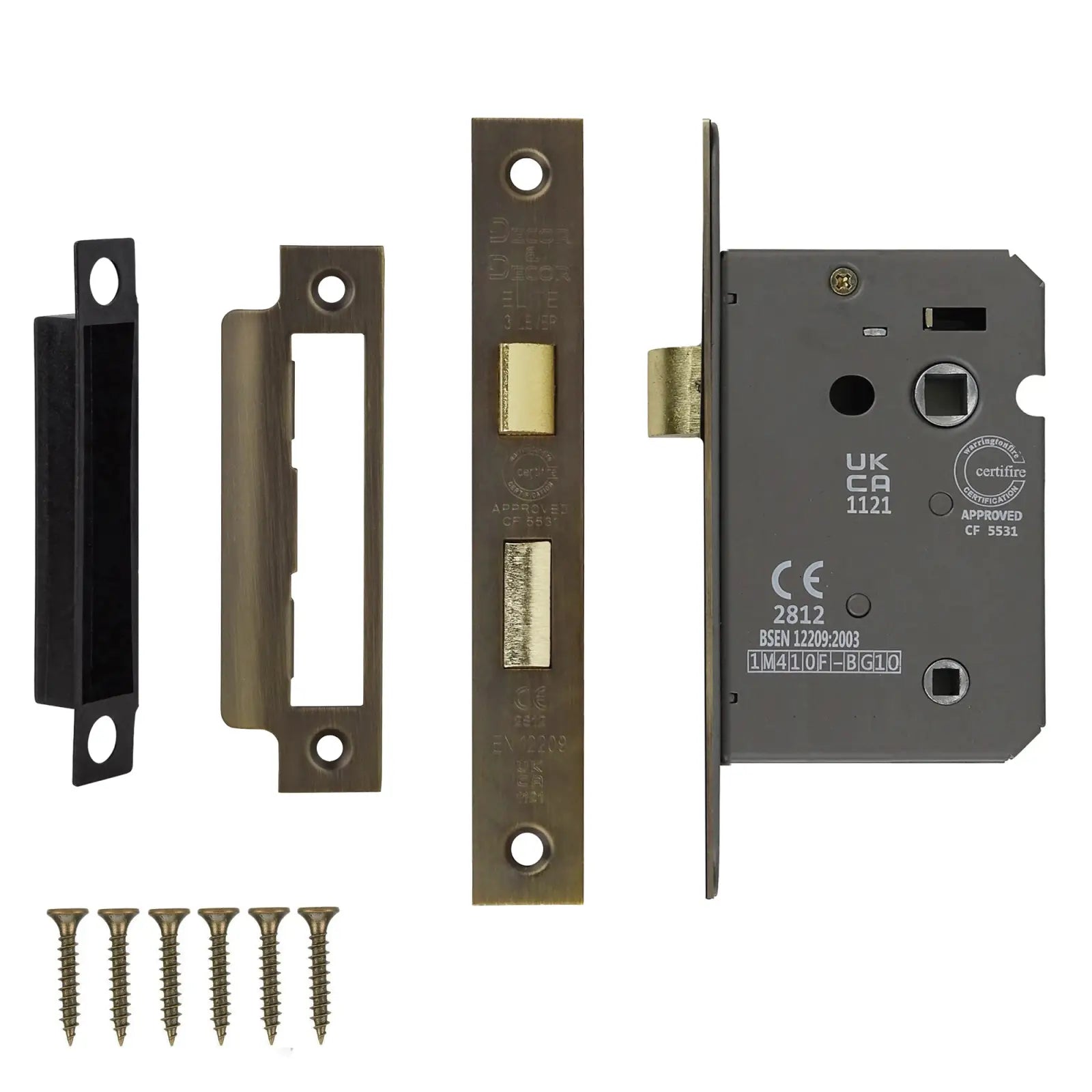 Mortise lock set with screws in Antique Brass for Fire Rated Bathroom, 64mm size