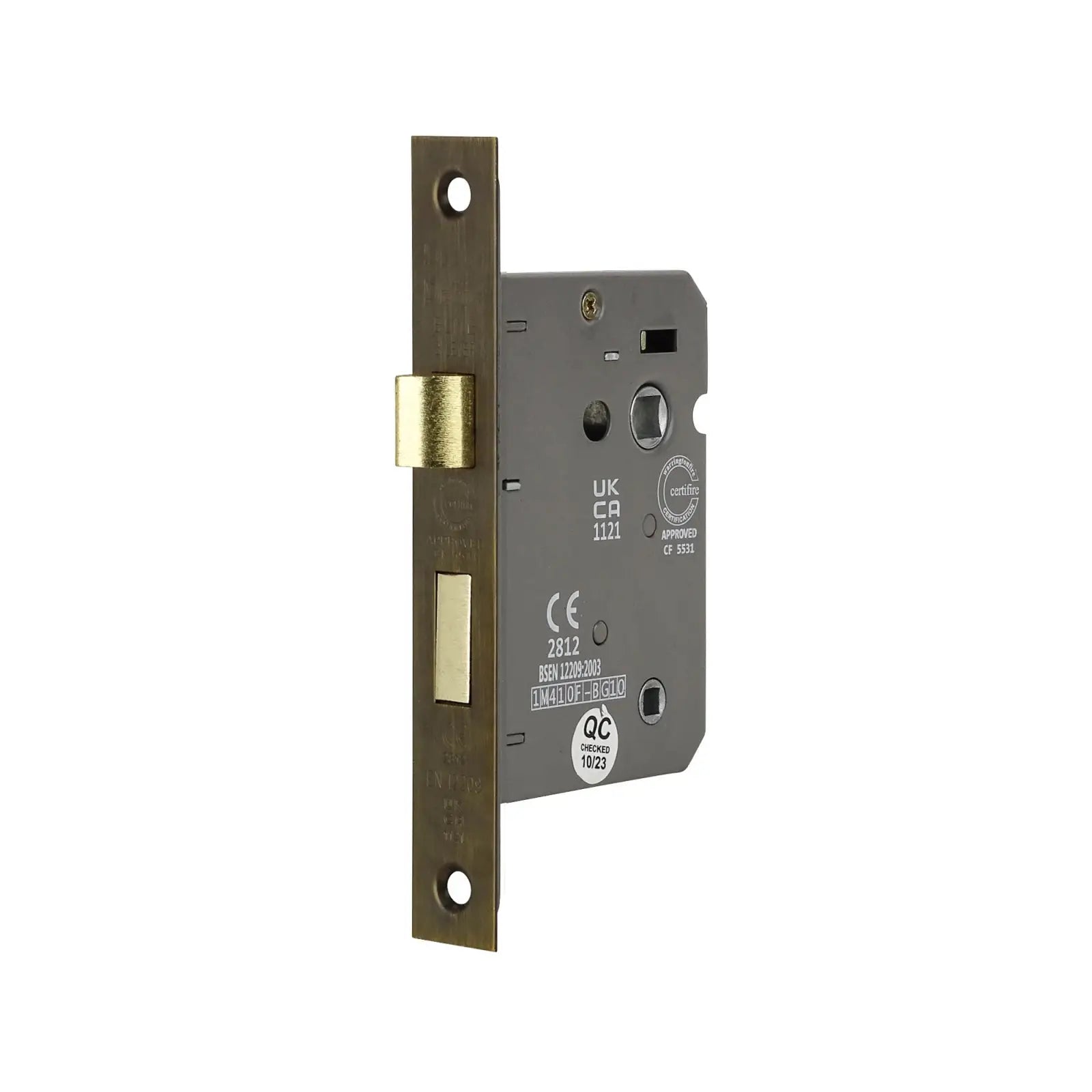 Mortise lock with brass faceplate for Fire Rated Bathroom Mortice Lock in Antique Brass