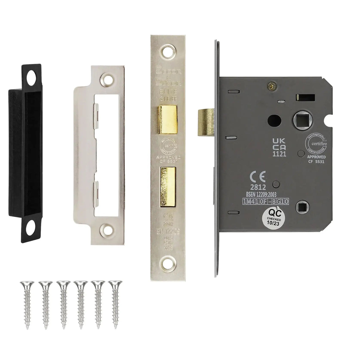 Mortise lock set with screws for Fire Rated Bathroom Mortice Lock in Satin Nickel