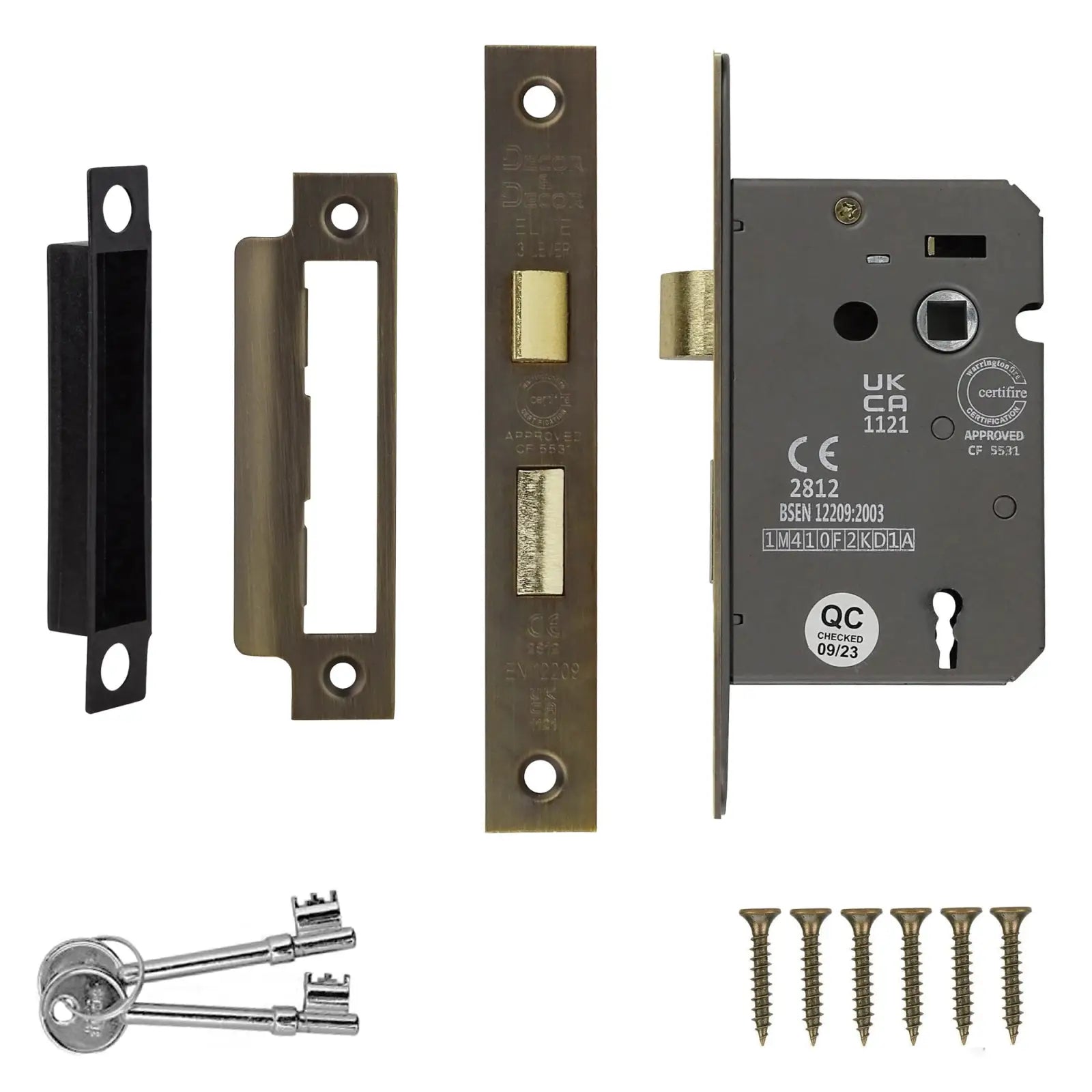 Fire Rated Sash Mortice Lock 64mm Antique Brass with keys and screws included