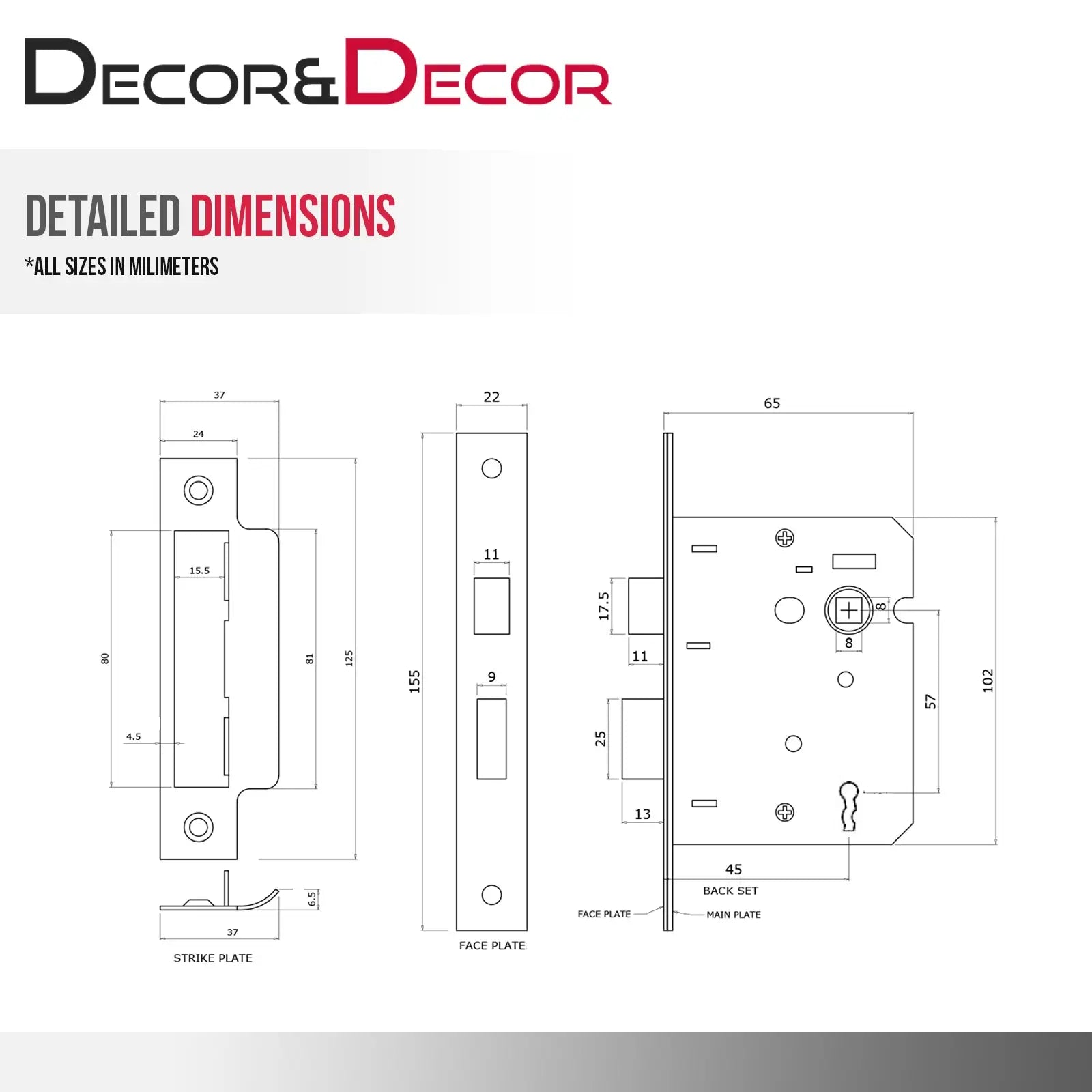 Detailed lock dimensions for Fire Rated Sash Mortice Lock 64mm Antique Brass
