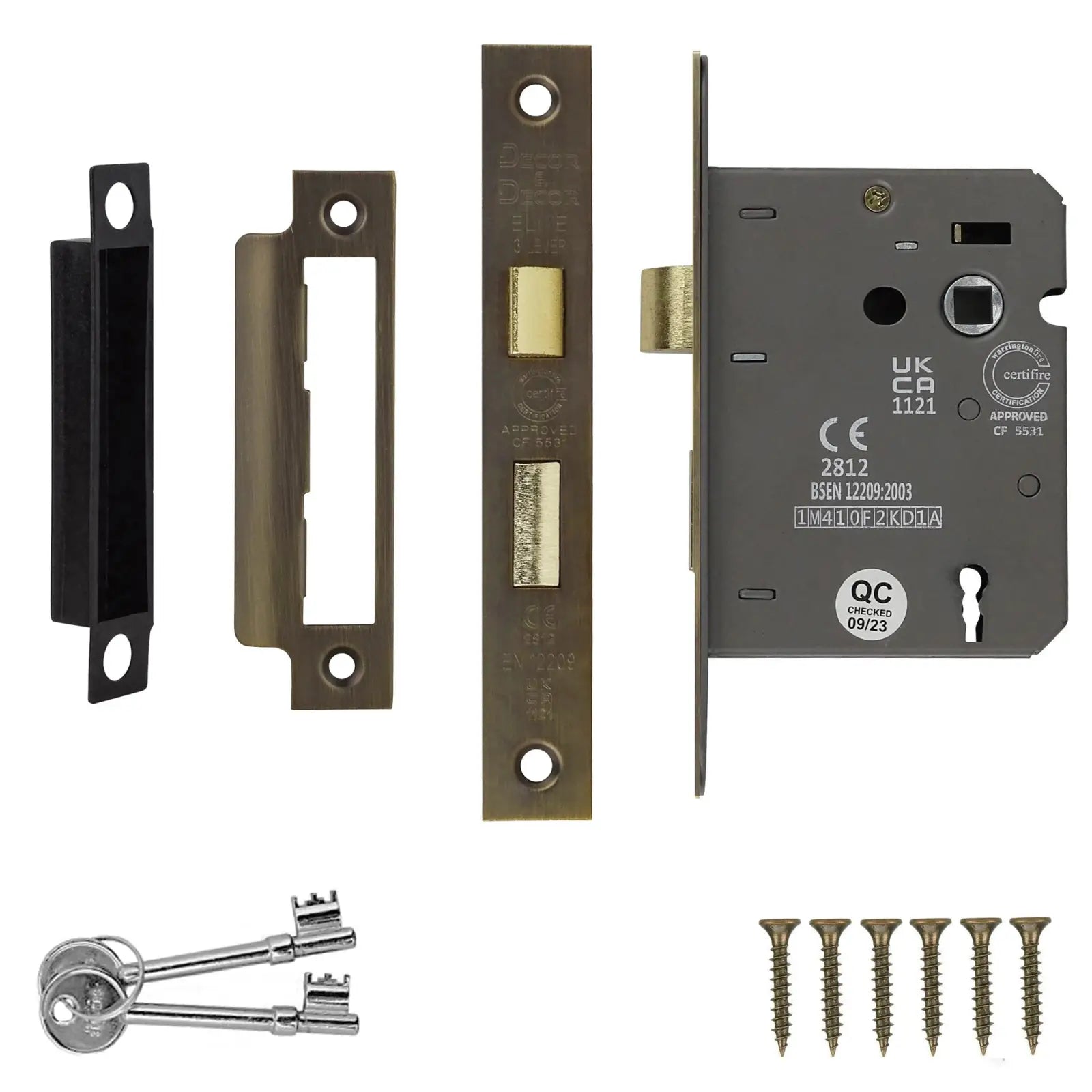 Fire Rated Sash Mortice Lock 76mm Antique Brass with keys and screws included