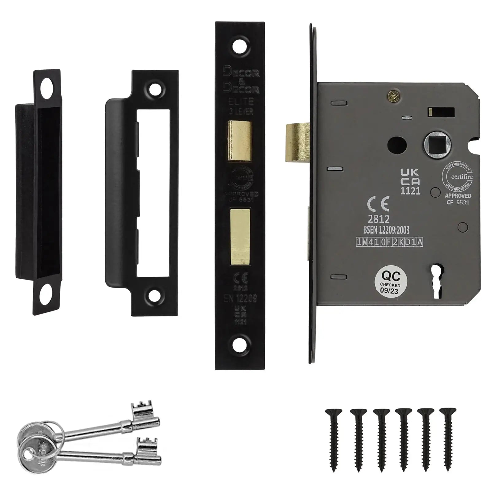 Fire Rated Sash Mortice Lock 76mm Matt Black with keys and screws for secure locking