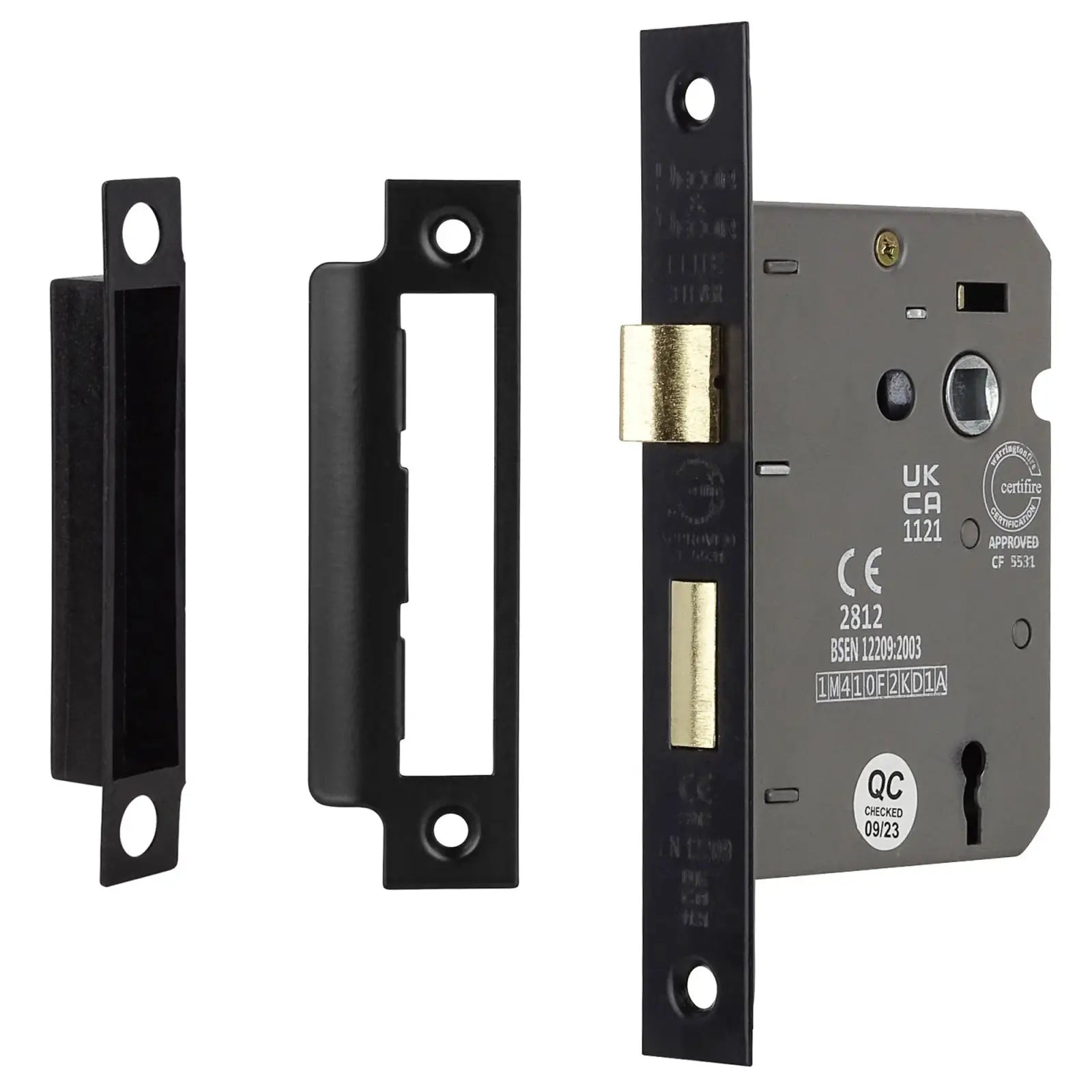Fire Rated Sash Mortice Lock 76mm in Matt Black with Mortise Lock and Strike Plates