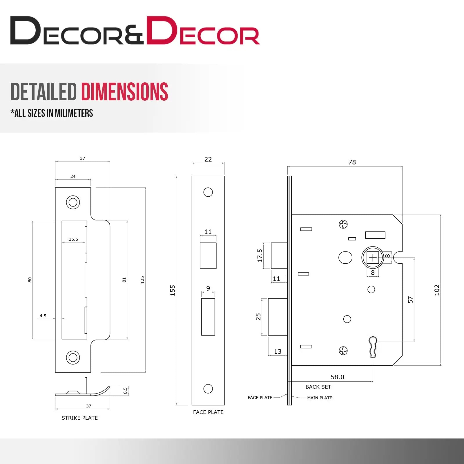 Detailed lock dimensions for Fire Rated Sash Mortice Lock 76mm Matt Black