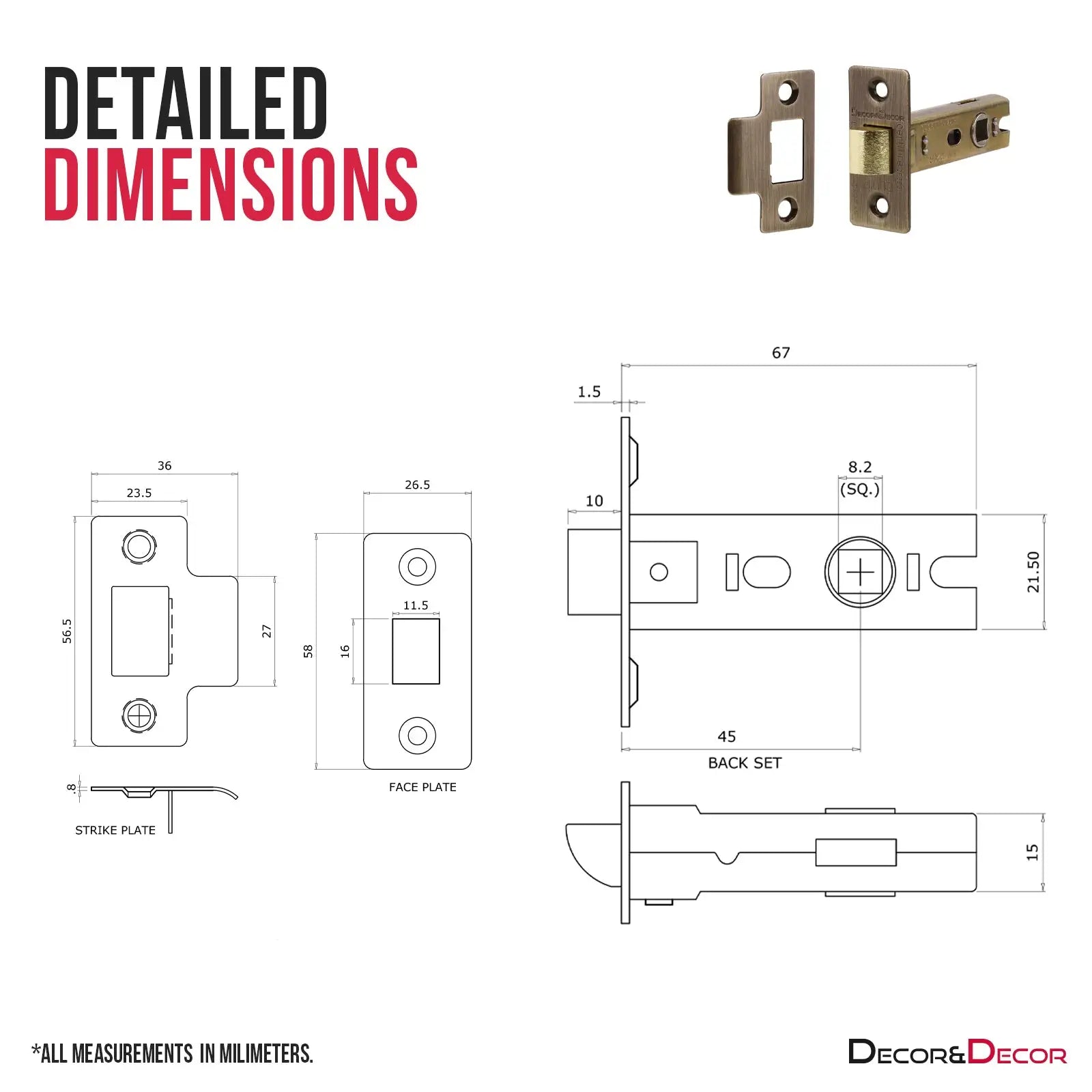Detailed dimensions of Fire Rated Tubular Mortice Latch in Antique Brass finish