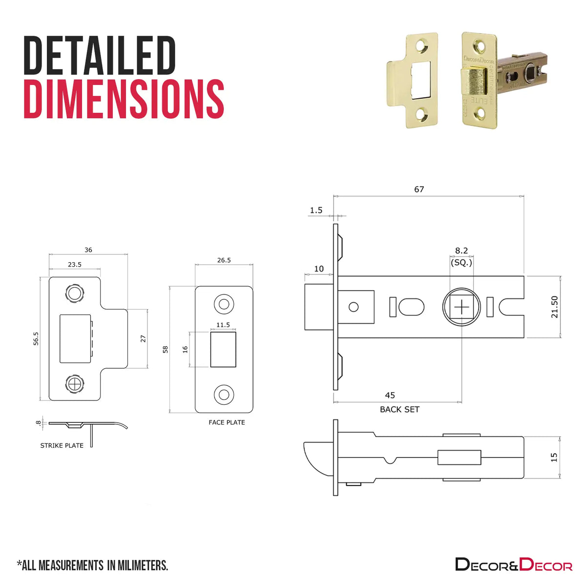 Fire Rated Tubular Mortice Latch - 64mm - Polished Brass - Latches Durable