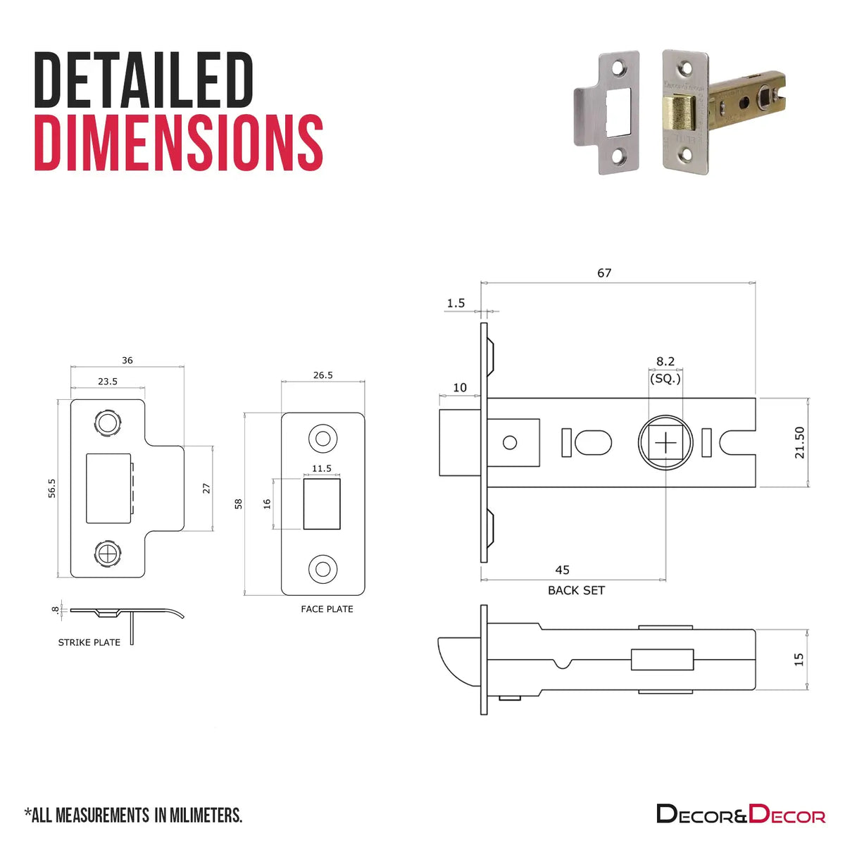 Fire Rated Tubular Mortice Latch dimensions in Satin Nickel finish for secure locking