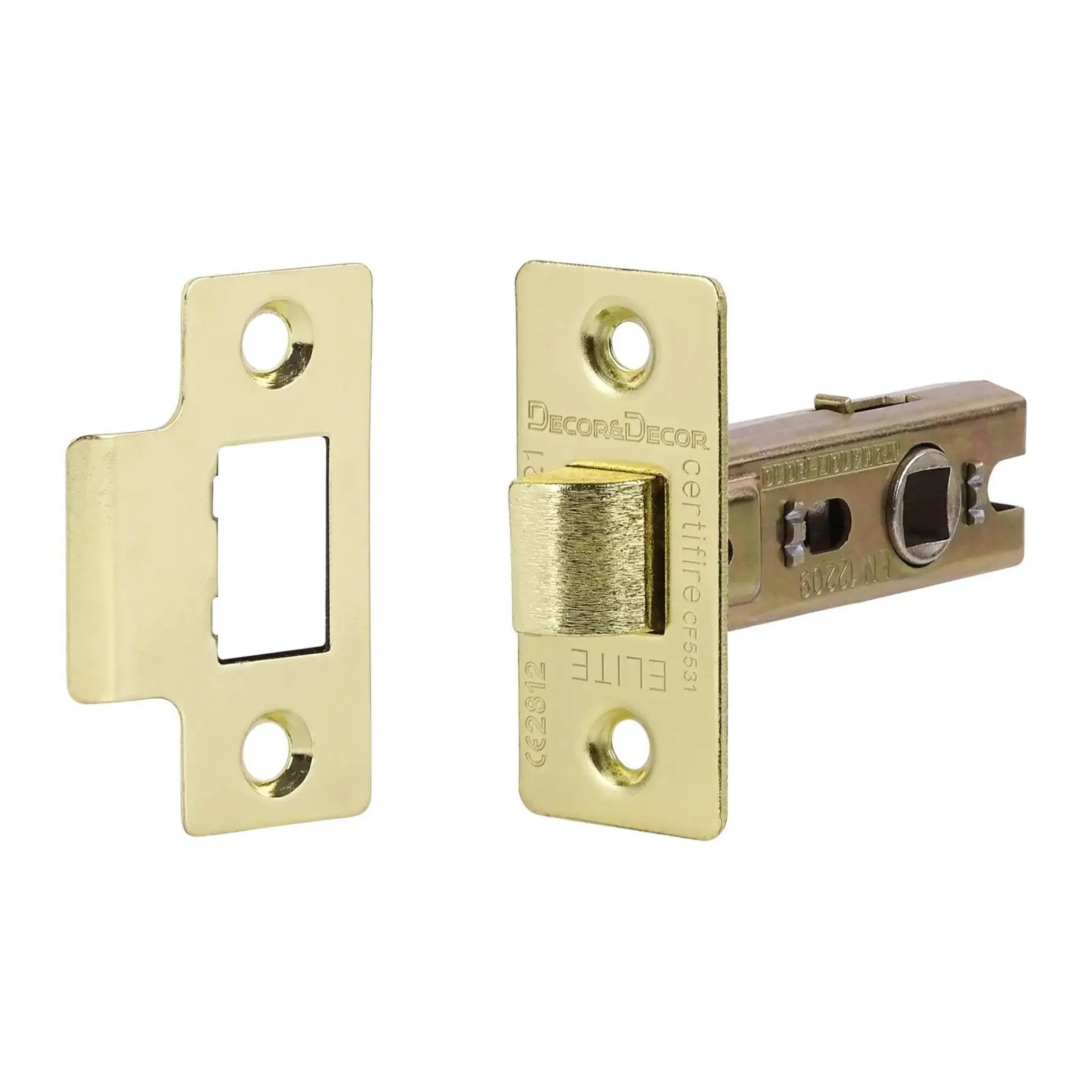 Brass-colored door latch and strike plate for Fire Rated Tubular Mortice Latch 76mm