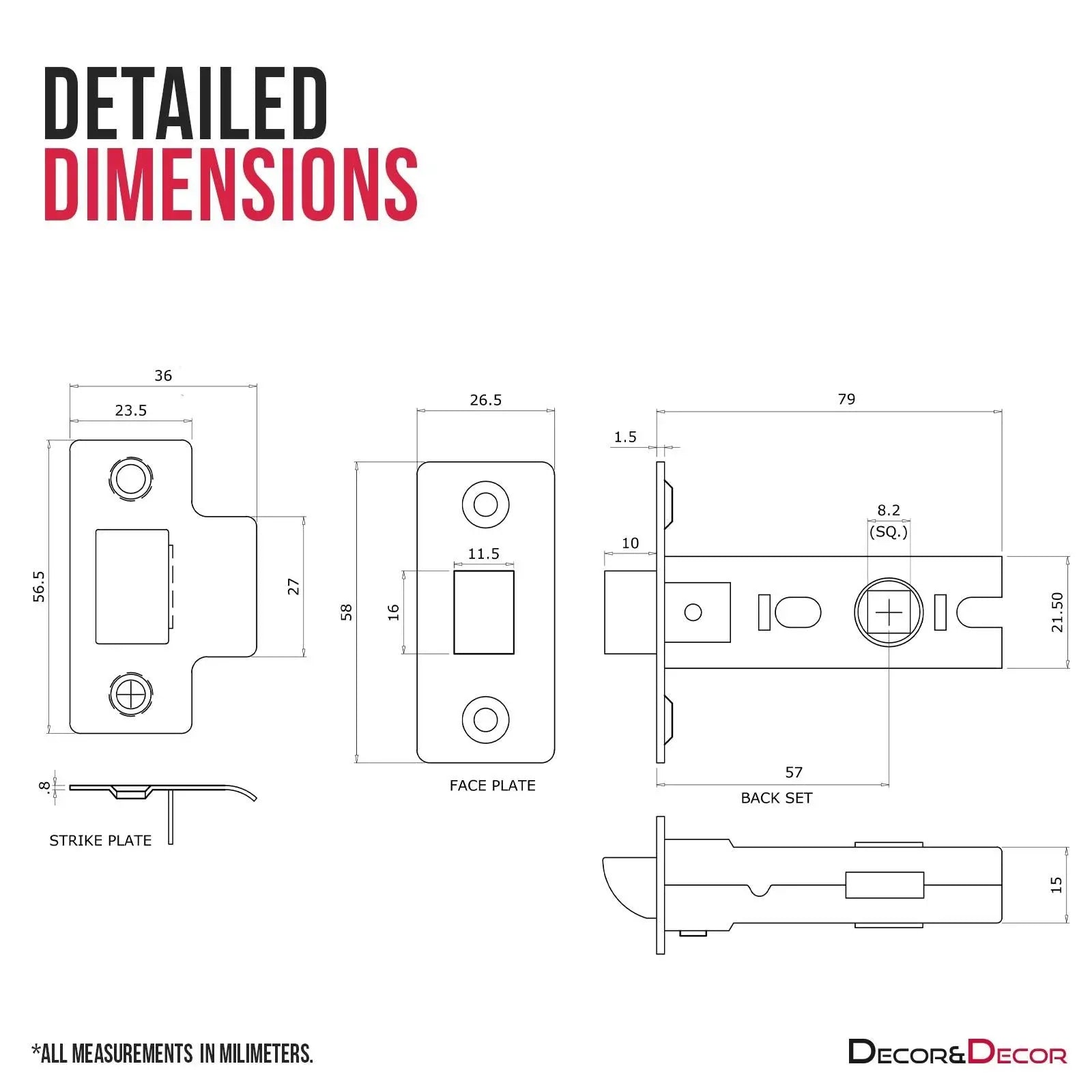 Detailed latch dimensions for Fire Rated Tubular Mortice Latch in Polished Brass