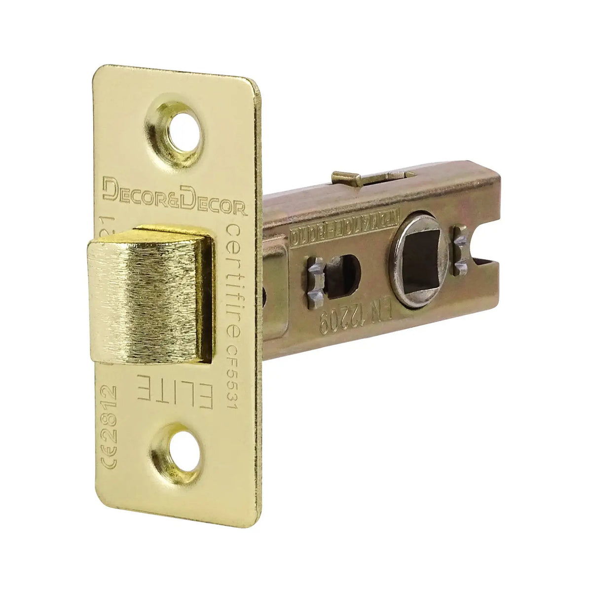 Gold-colored door latch mechanism for Fire Rated Tubular Mortice Latch in Polished Brass