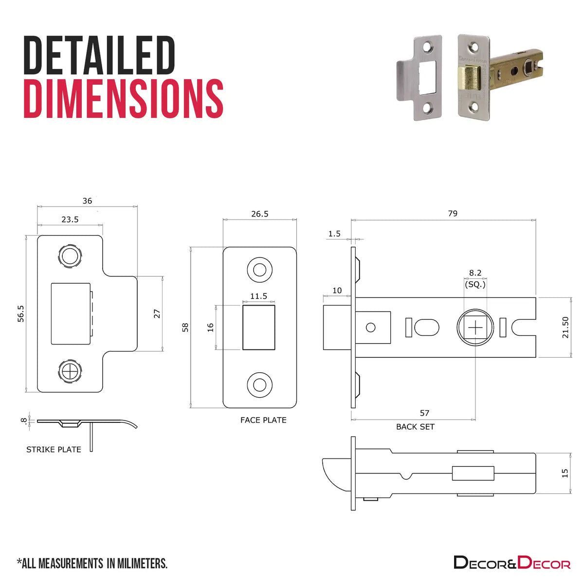 Door latch dimensions for Fire Rated Tubular Mortice Latch 76mm Satin Nickel