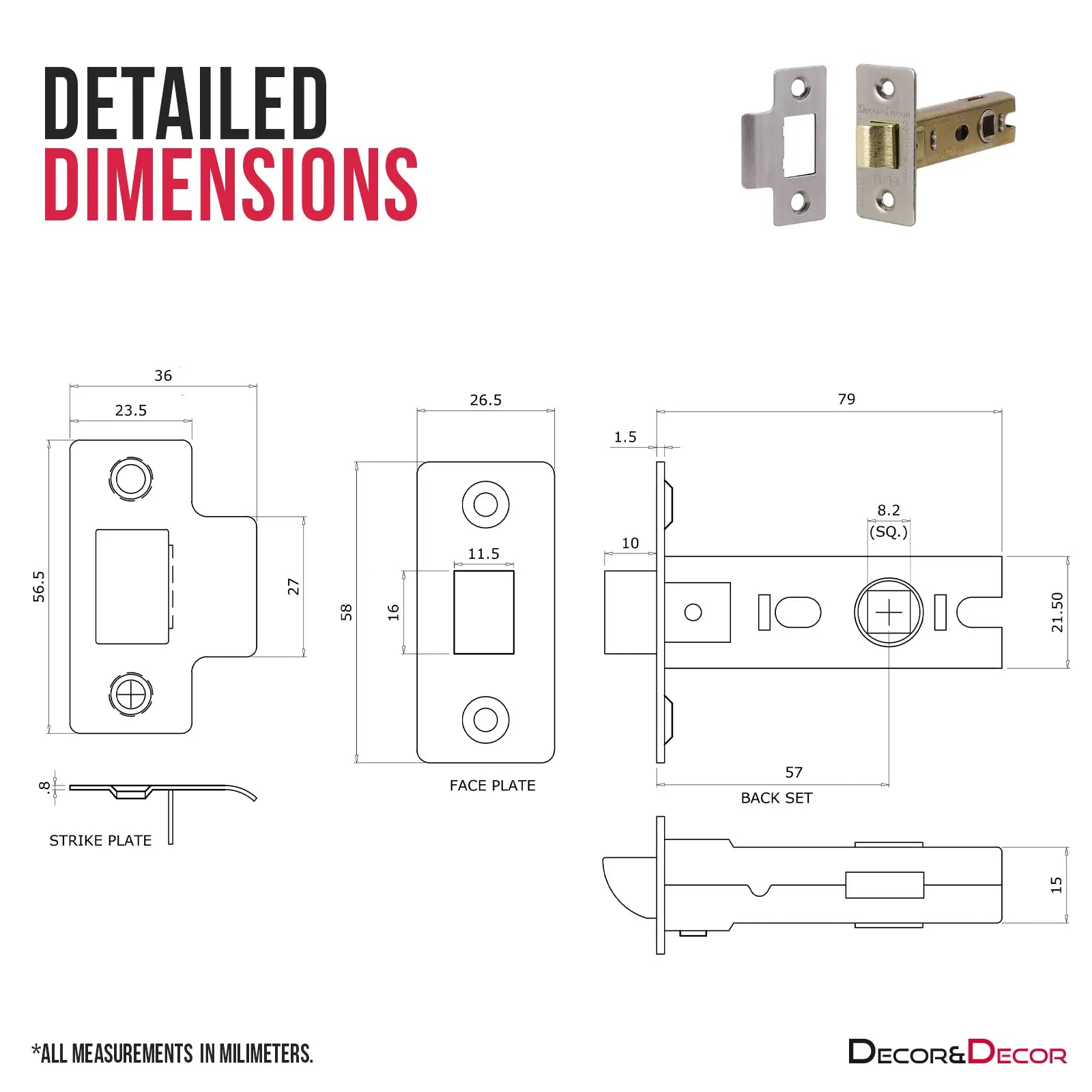Door latch dimensions for Fire Rated Tubular Mortice Latch 76mm Satin Nickel