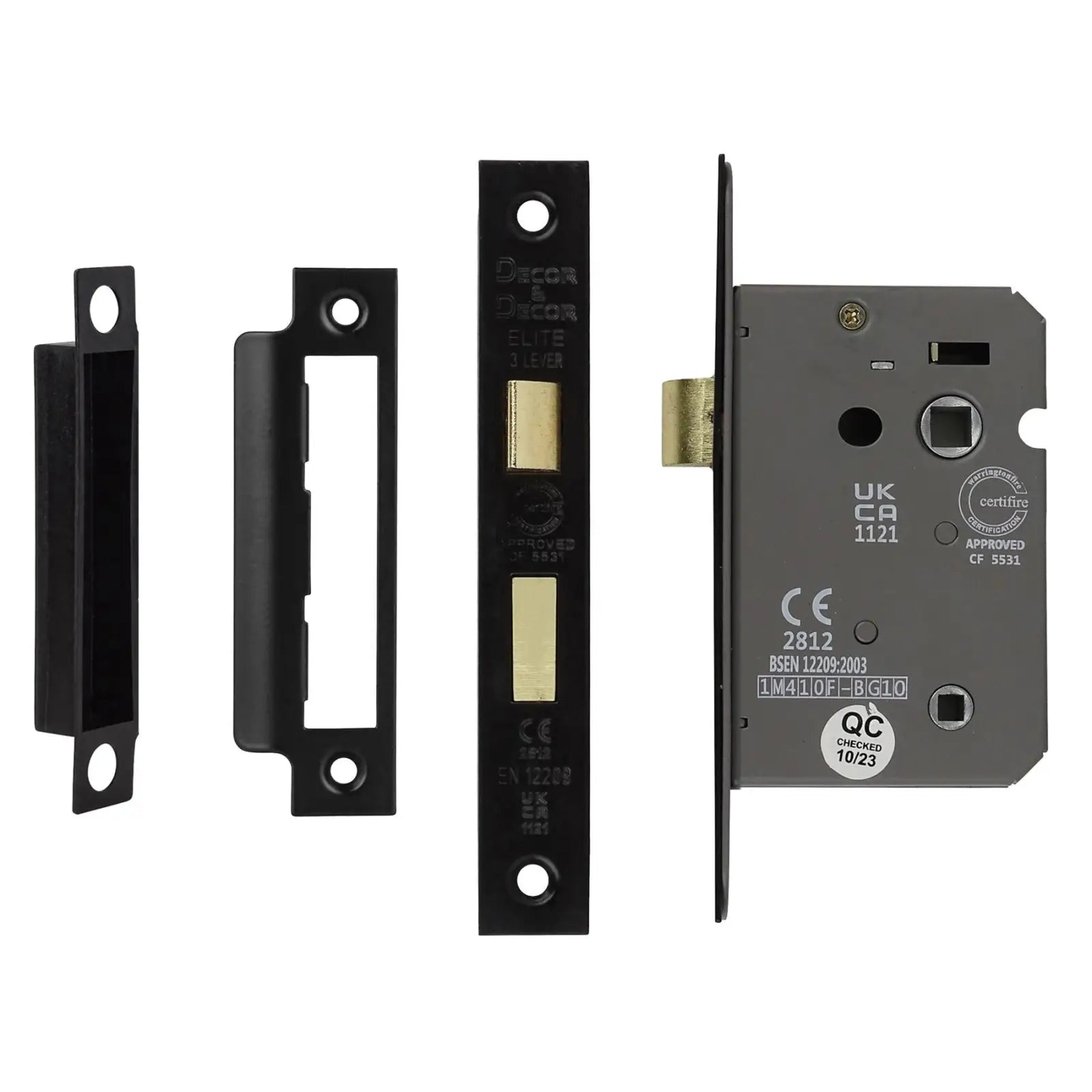 Mortise lock set featuring black and brass components in Leda Matt Black Bathroom Kit