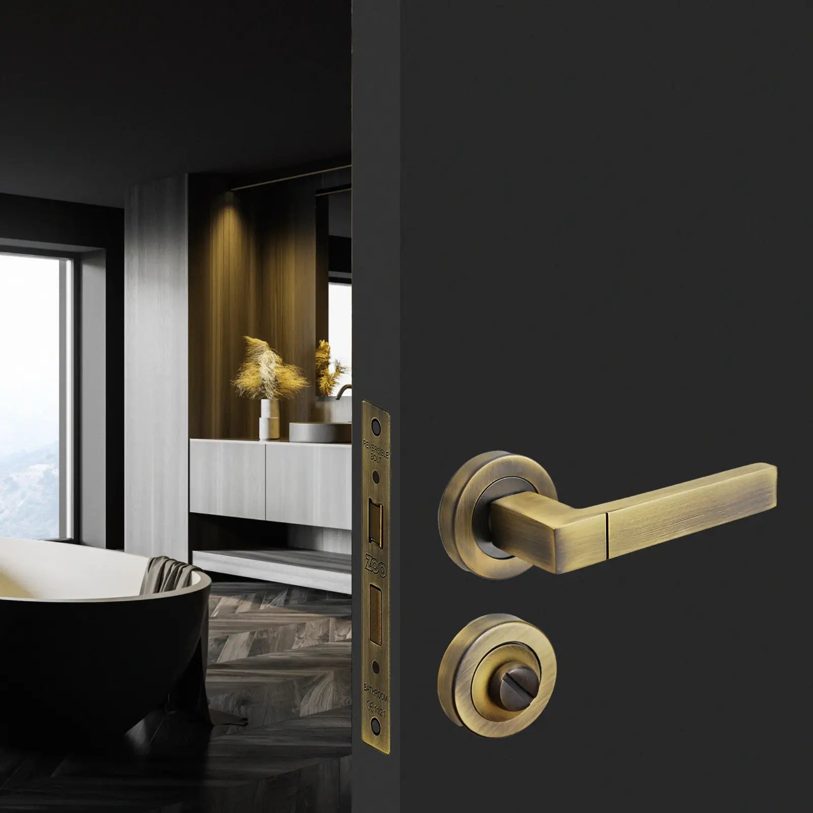 Lumina Antique Brass Bathroom Door Lever Handles - Bathroom Kit Set - Decor And Decor